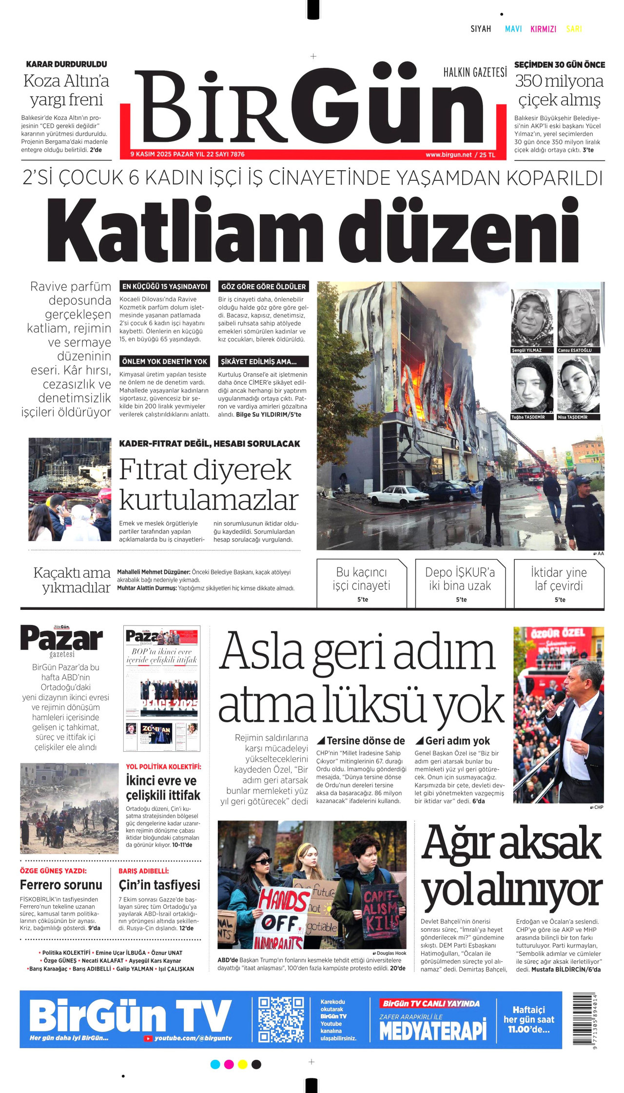 BİRGÜN gazetesinin 9 Kasım 2025 tarihli birinci sayfası
