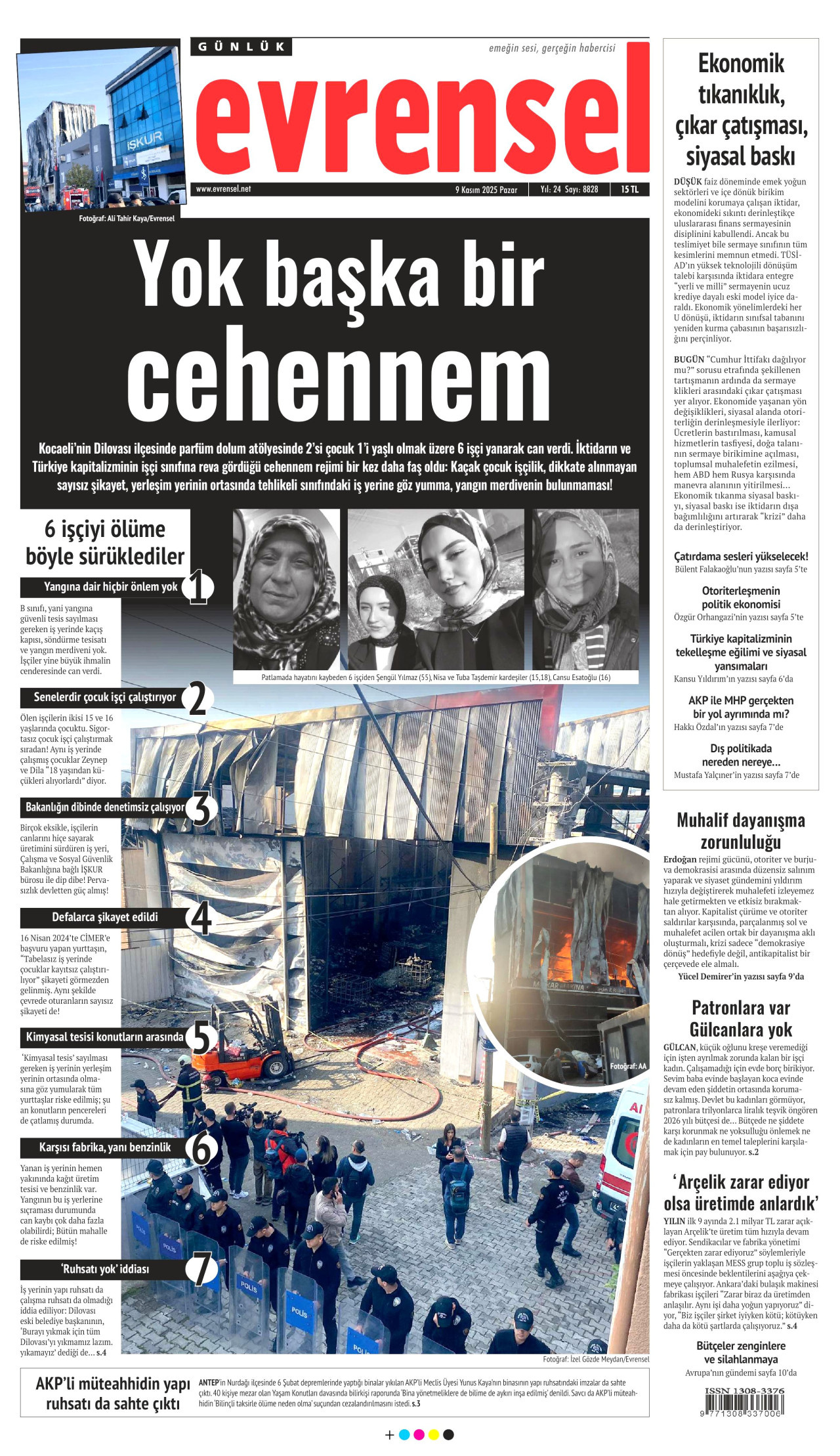 EVRENSEL gazetesinin 9 Kasım 2025 tarihli birinci sayfası