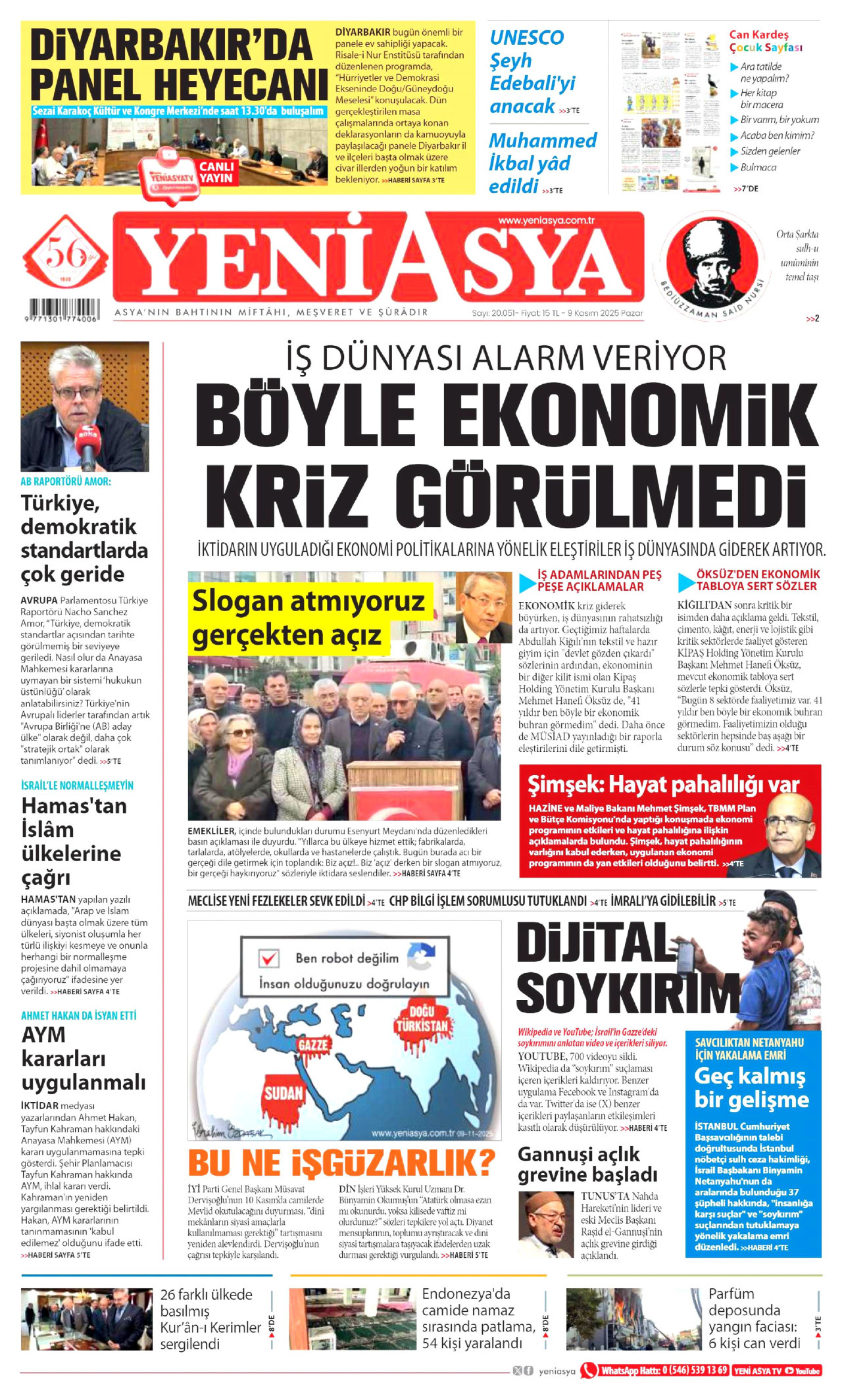 YENİ ASYA gazetesinin 9 Kasım 2025 tarihli birinci sayfası