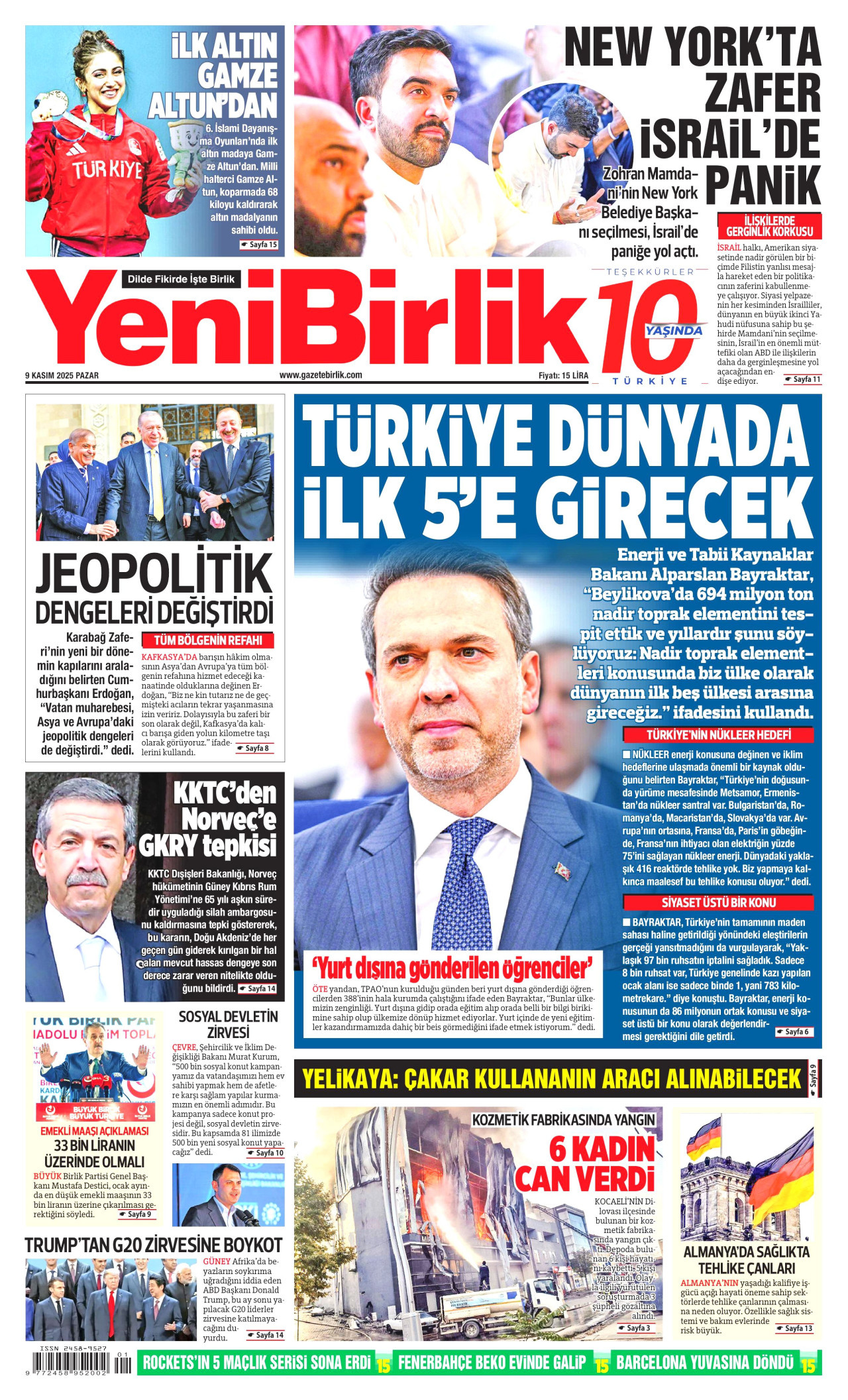 YENİBİRLİK gazetesinin 9 Kasım 2025 tarihli birinci sayfası