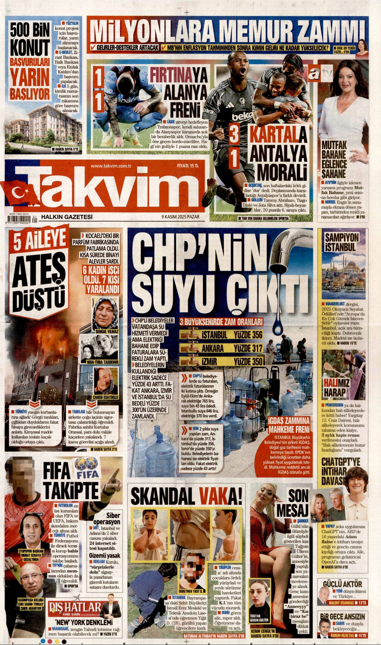 TAKVİM gazetesinin 9 Kasım 2025 tarihli birinci sayfası