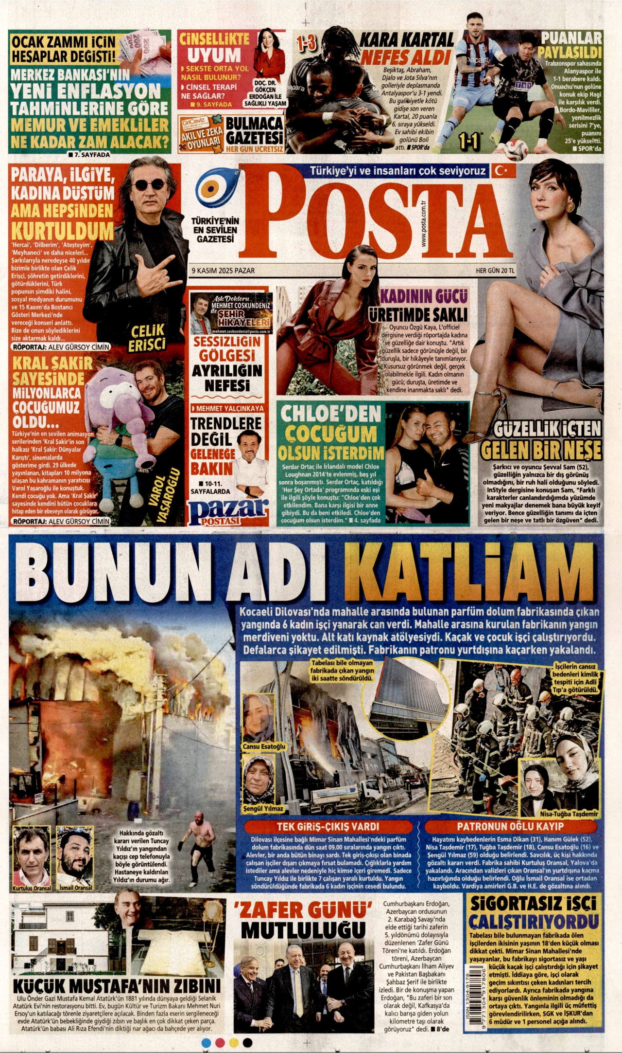 POSTA gazetesinin 9 Kasım 2025 tarihli birinci sayfası