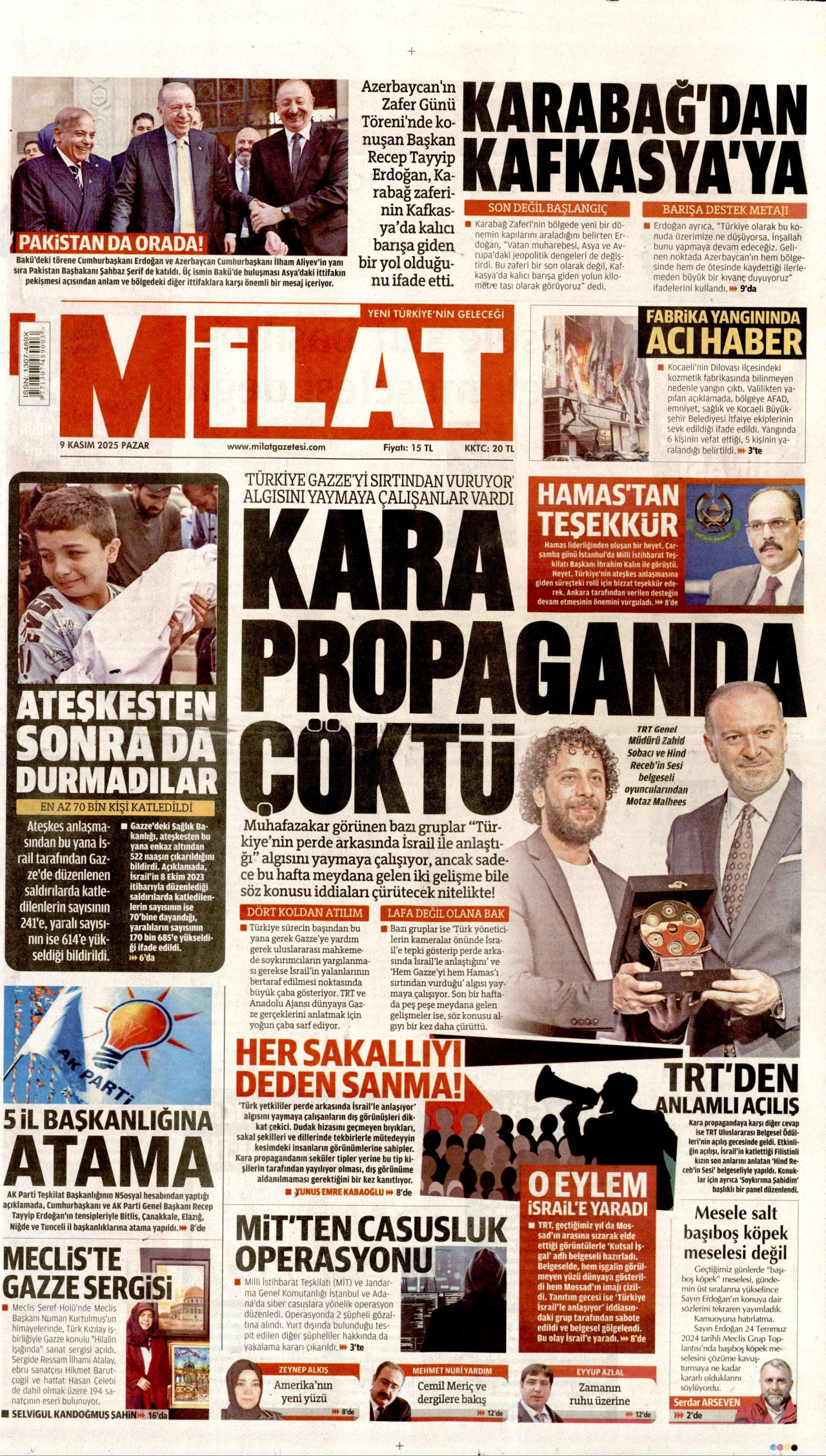 MİLAT gazetesinin 9 Kasım 2025 tarihli birinci sayfası