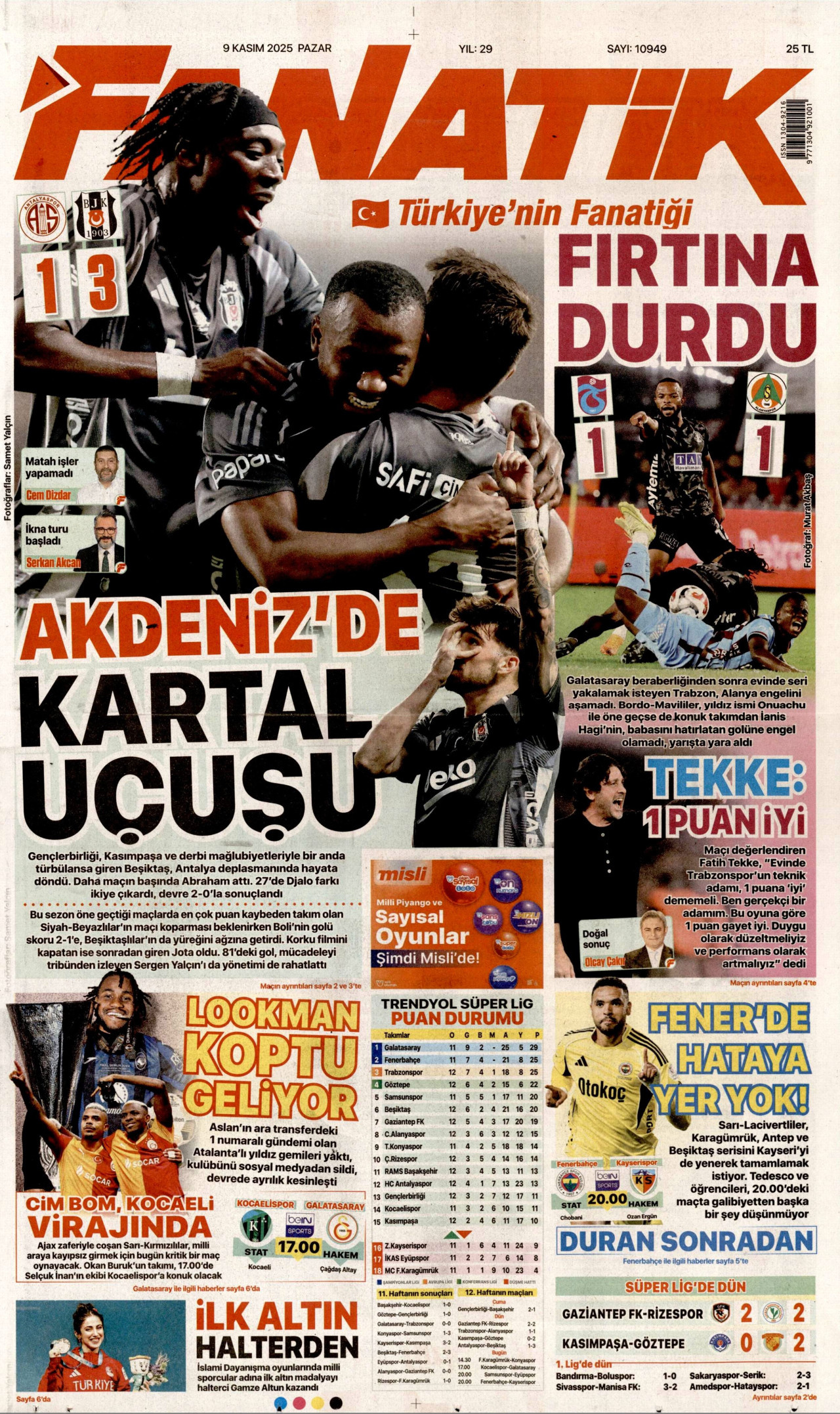 FANATİK gazetesinin 9 Kasım 2025 tarihli birinci sayfası