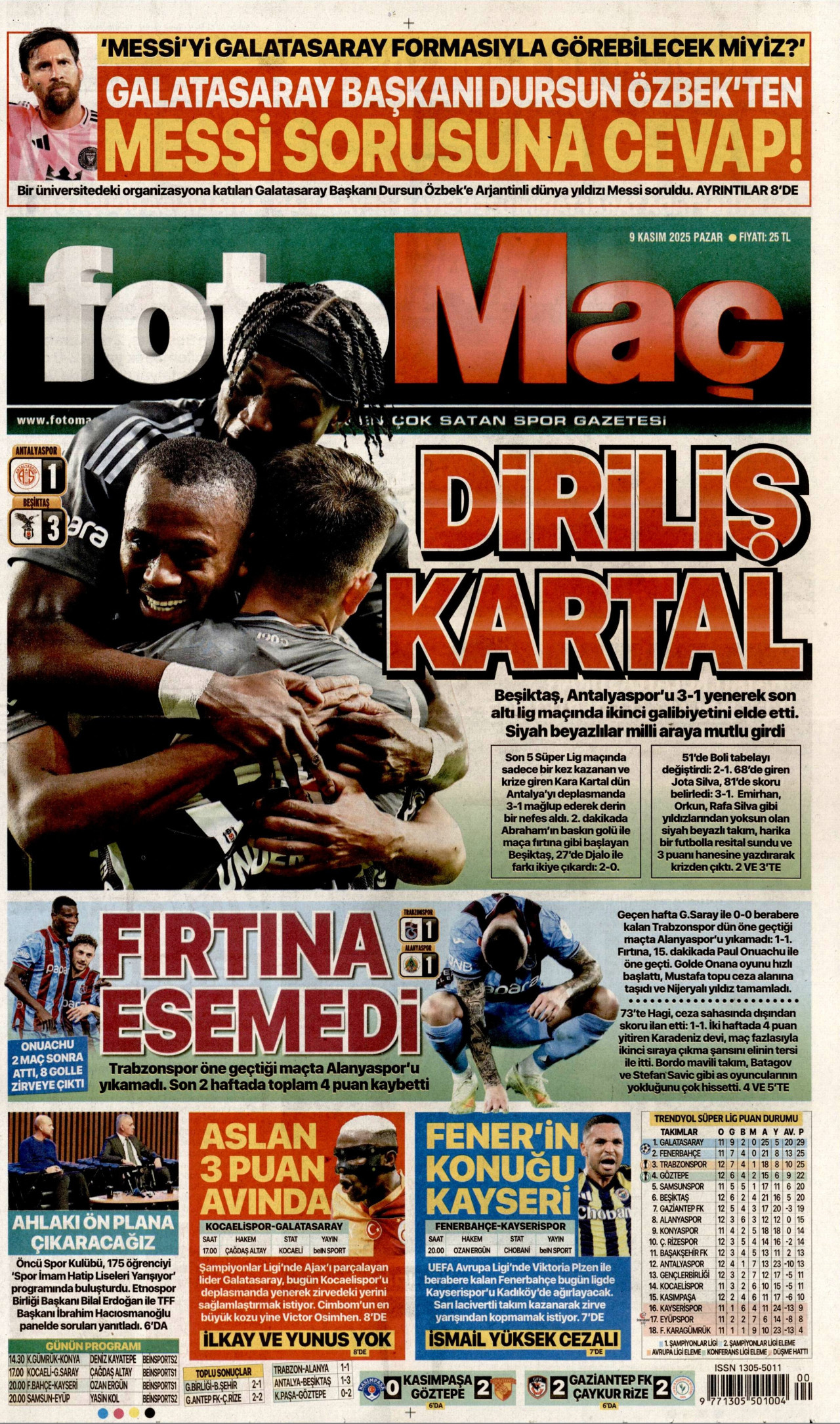 FOTOMAÇ gazetesinin 9 Kasım 2025 tarihli birinci sayfası