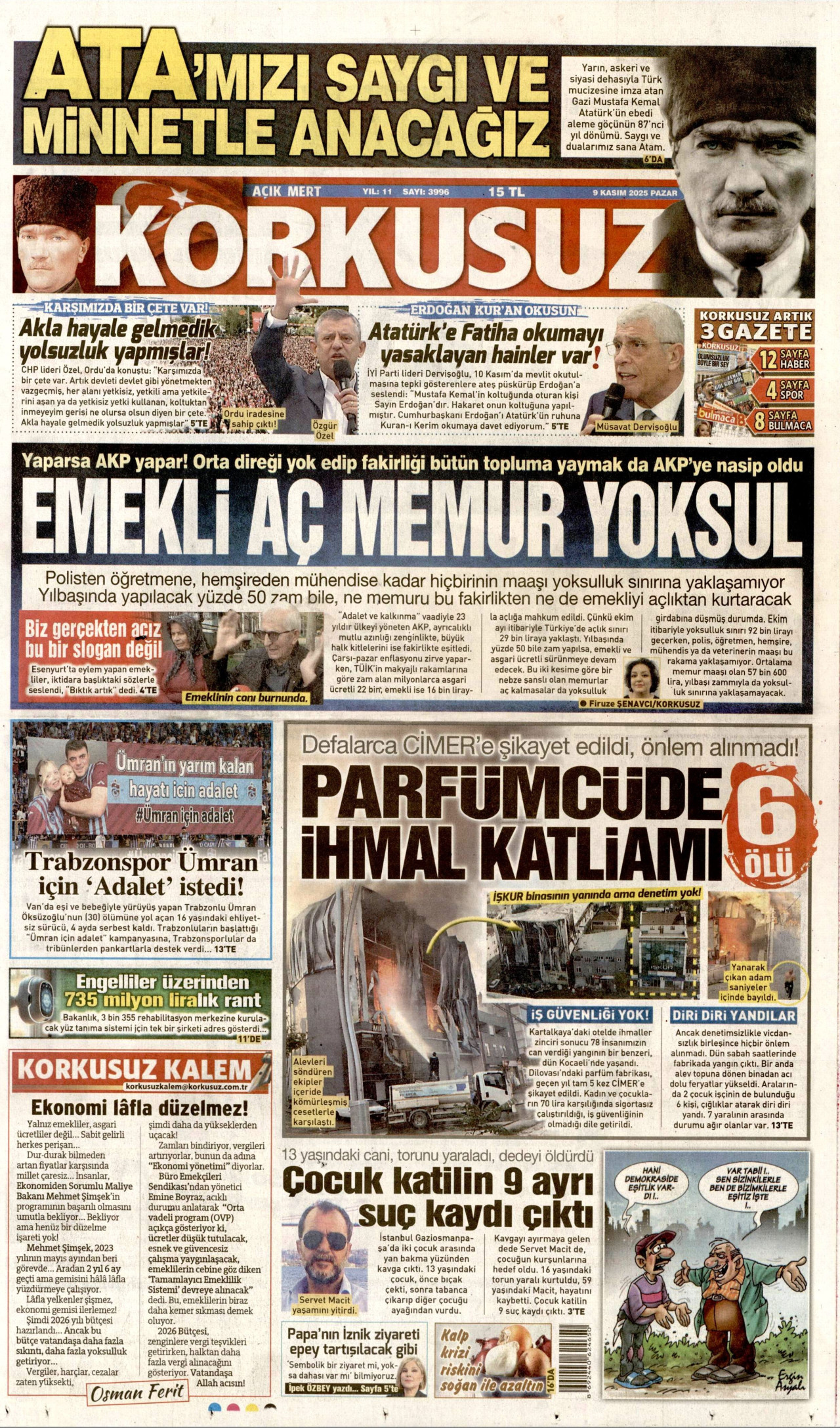 KORKUSUZ gazetesinin 9 Kasım 2025 tarihli birinci sayfası