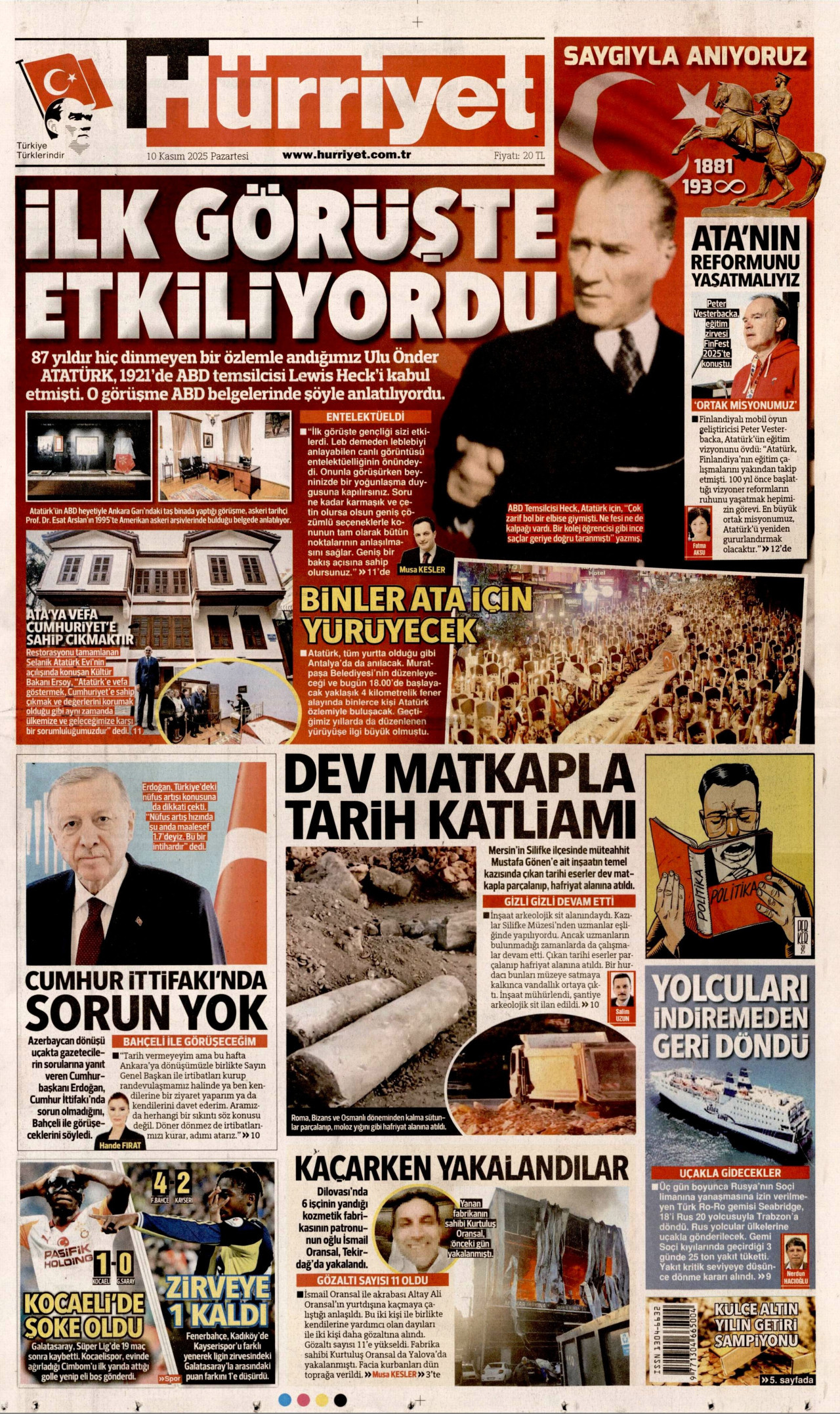 HÜRRİYET gazetesinin 10 Kasım 2025 tarihli birinci sayfası