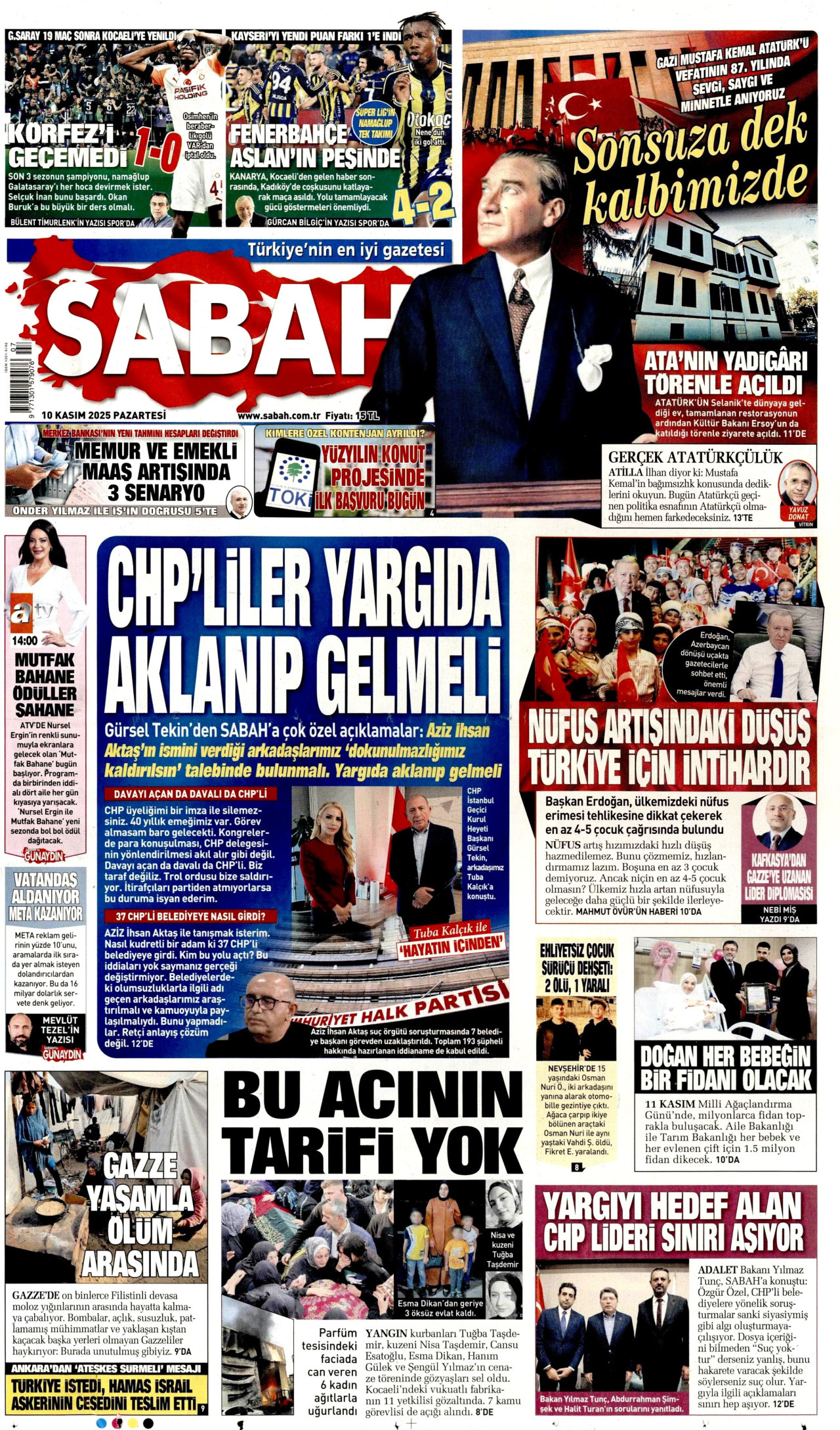 SABAH gazetesinin 10 Kasım 2025 tarihli birinci sayfası