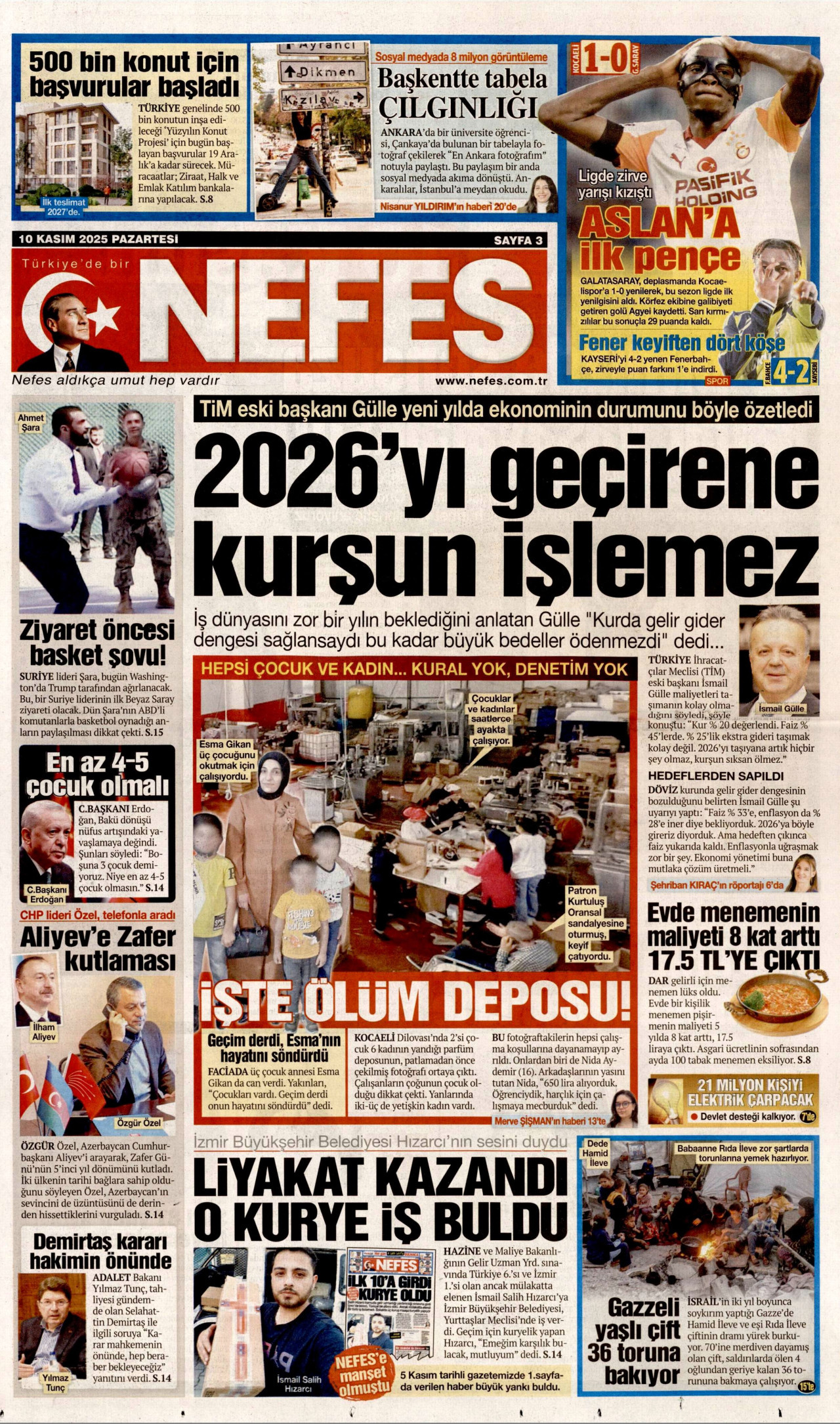 NEFES gazetesinin 10 Kasım 2025 tarihli birinci sayfası