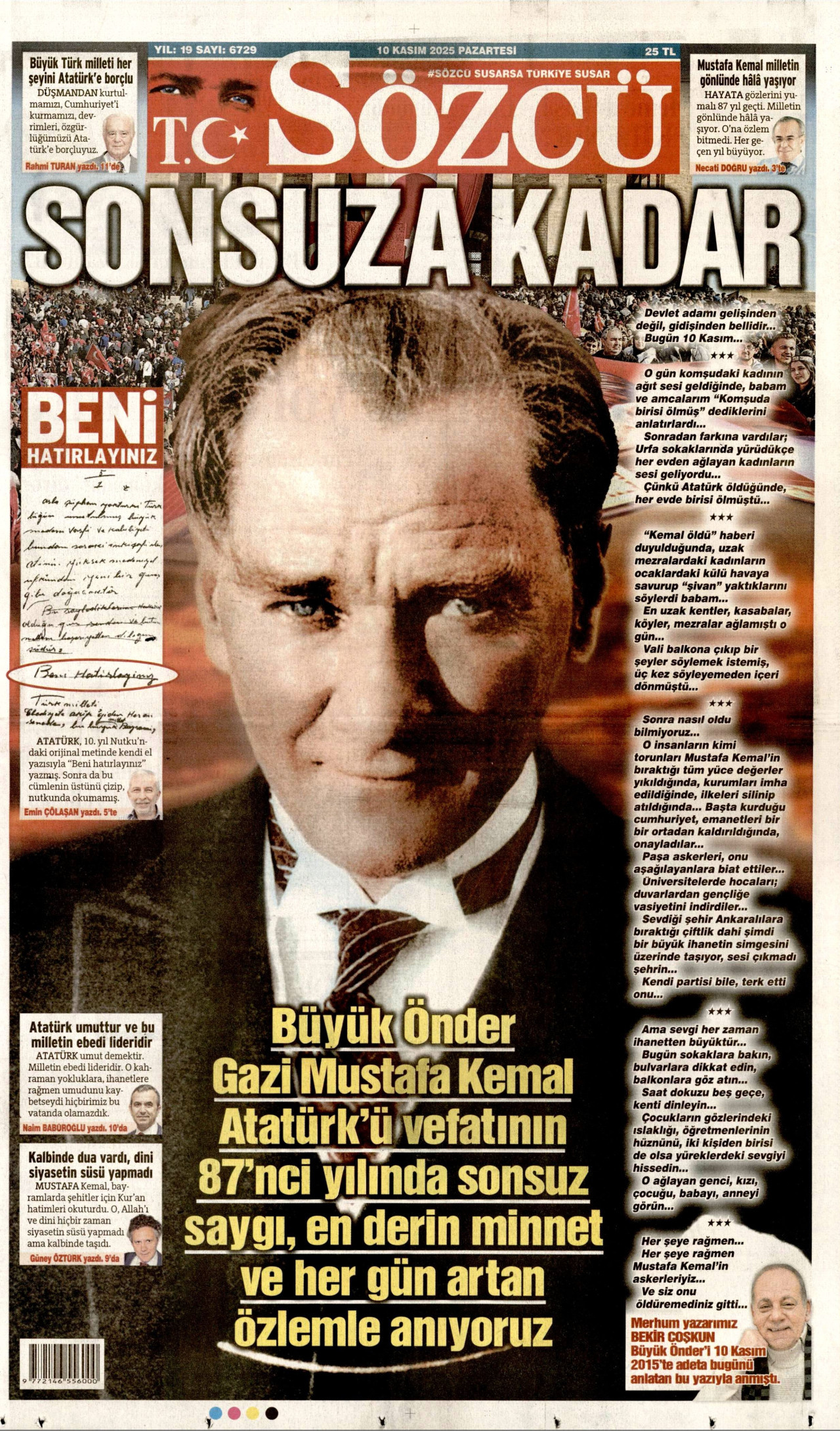 SÖZCÜ gazetesinin 10 Kasım 2025 tarihli birinci sayfası