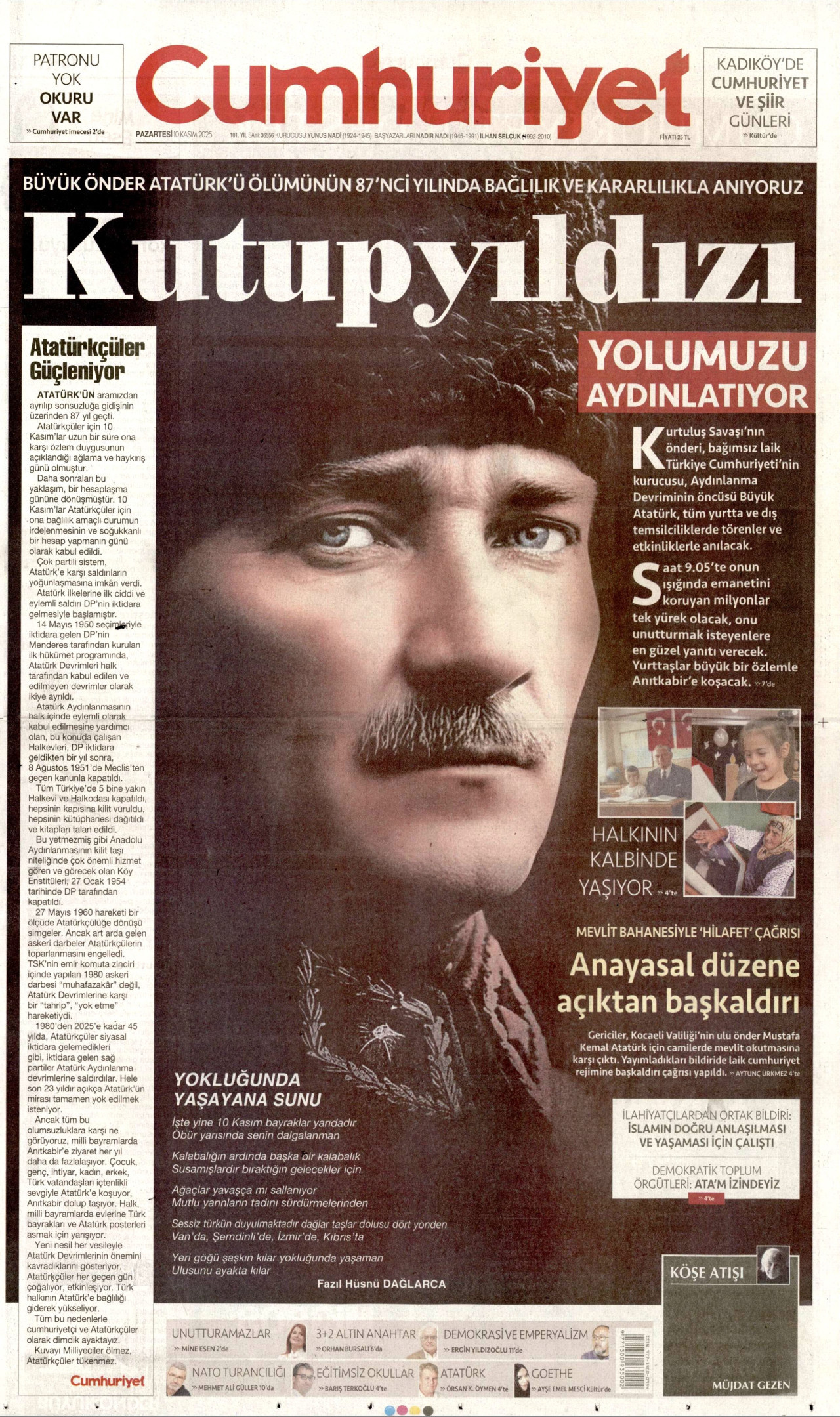 CUMHURİYET gazetesinin 10 Kasım 2025 tarihli birinci sayfası
