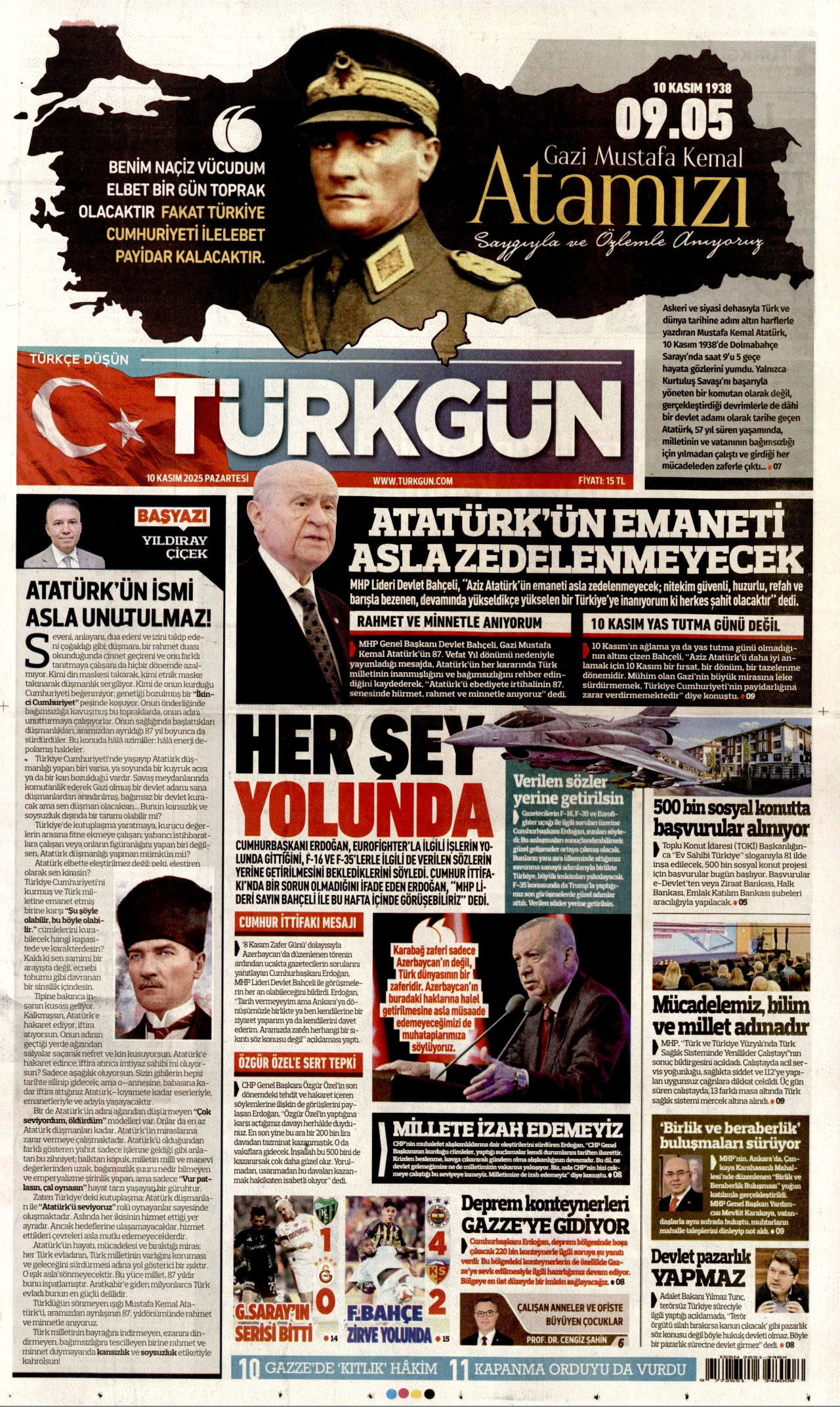 TÜRKGÜN gazetesinin 10 Kasım 2025 tarihli birinci sayfası