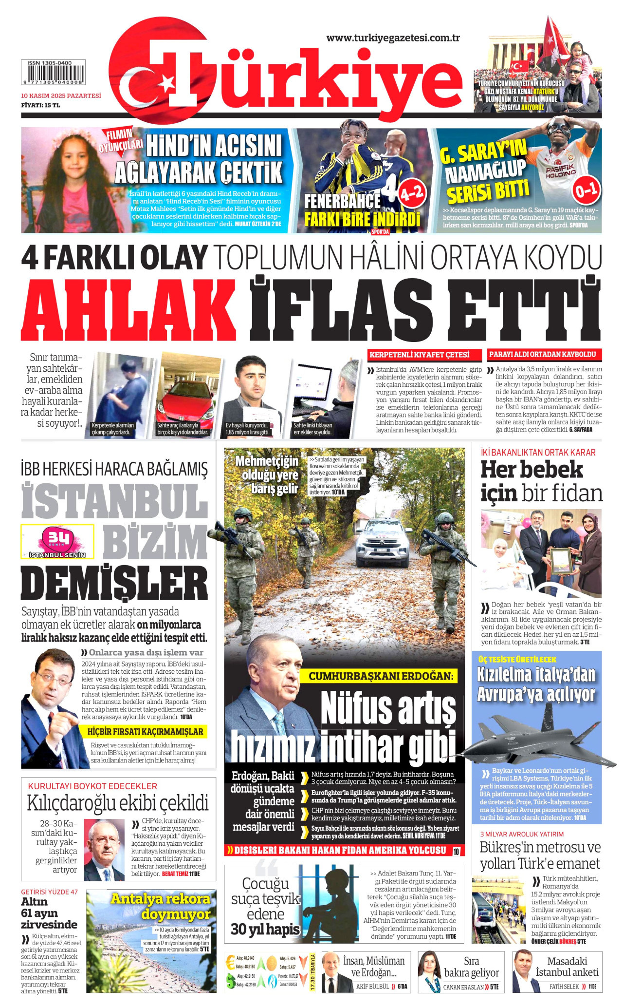 TÜRKİYE GAZETESİ gazetesinin 10 Kasım 2025 tarihli birinci sayfası