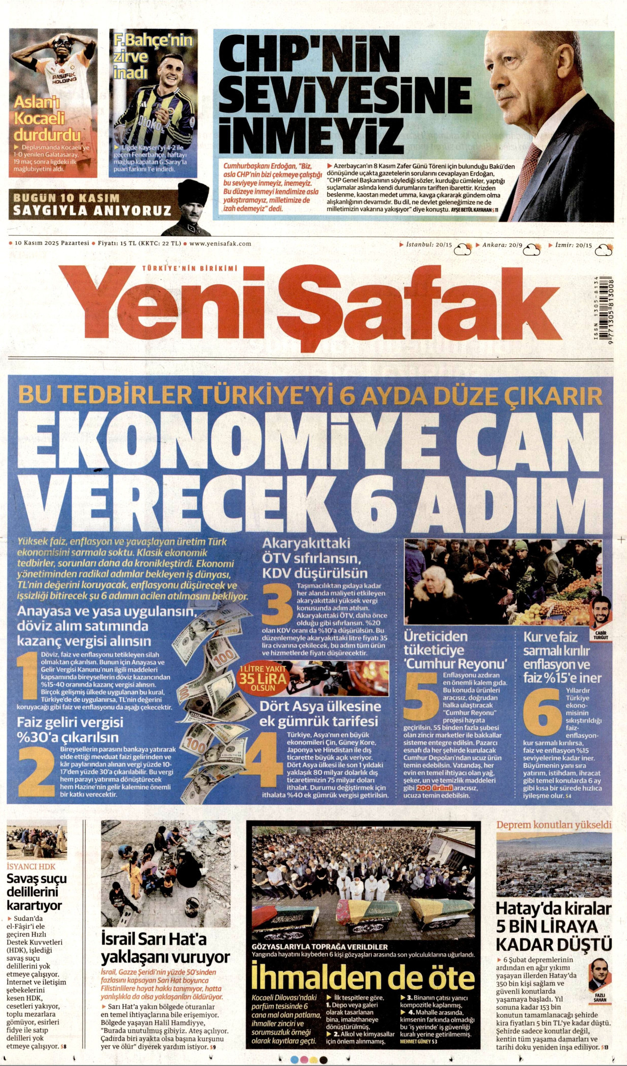 YENİ ŞAFAK gazetesinin 10 Kasım 2025 tarihli birinci sayfası