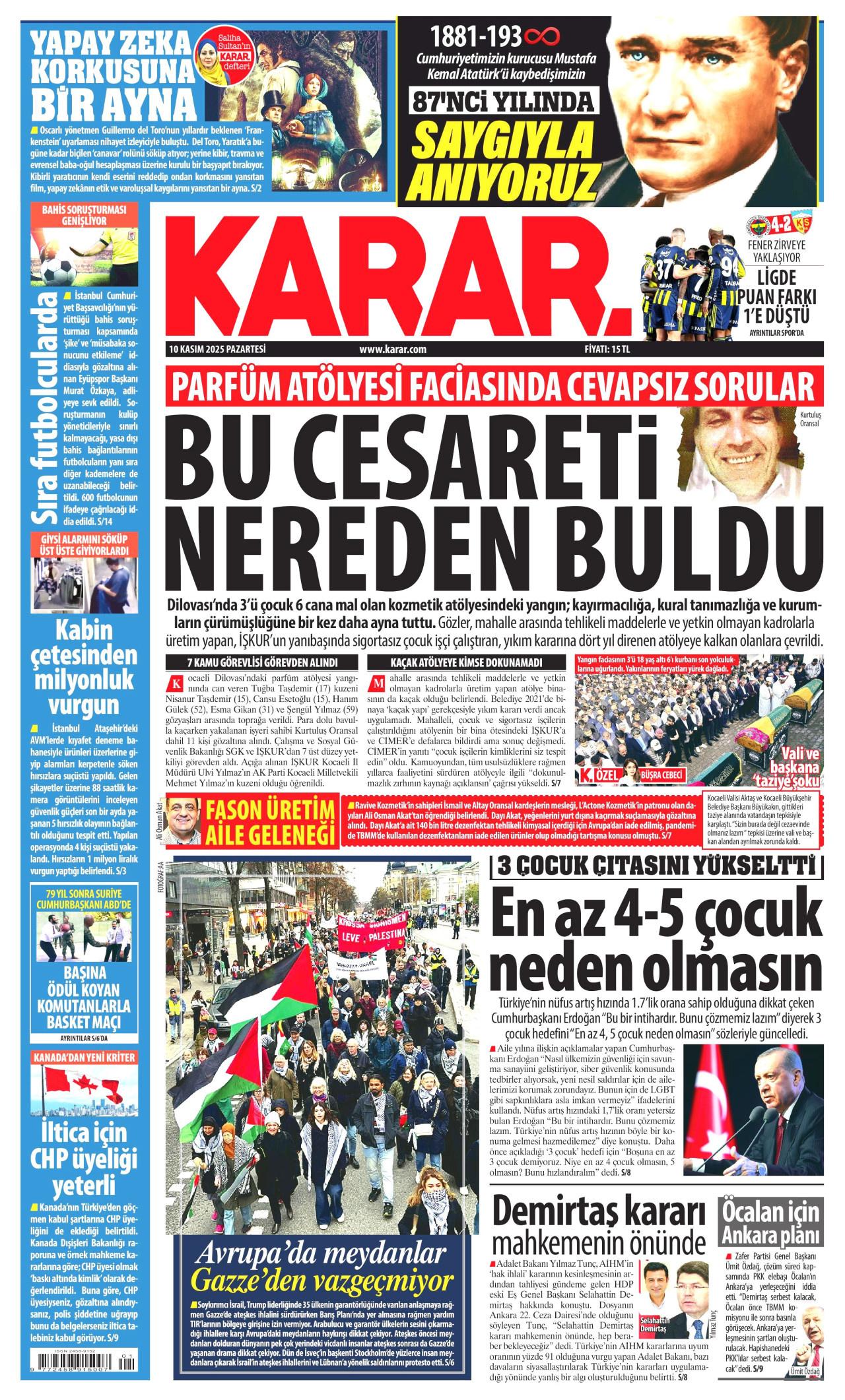 KARAR gazetesinin 10 Kasım 2025 tarihli birinci sayfası