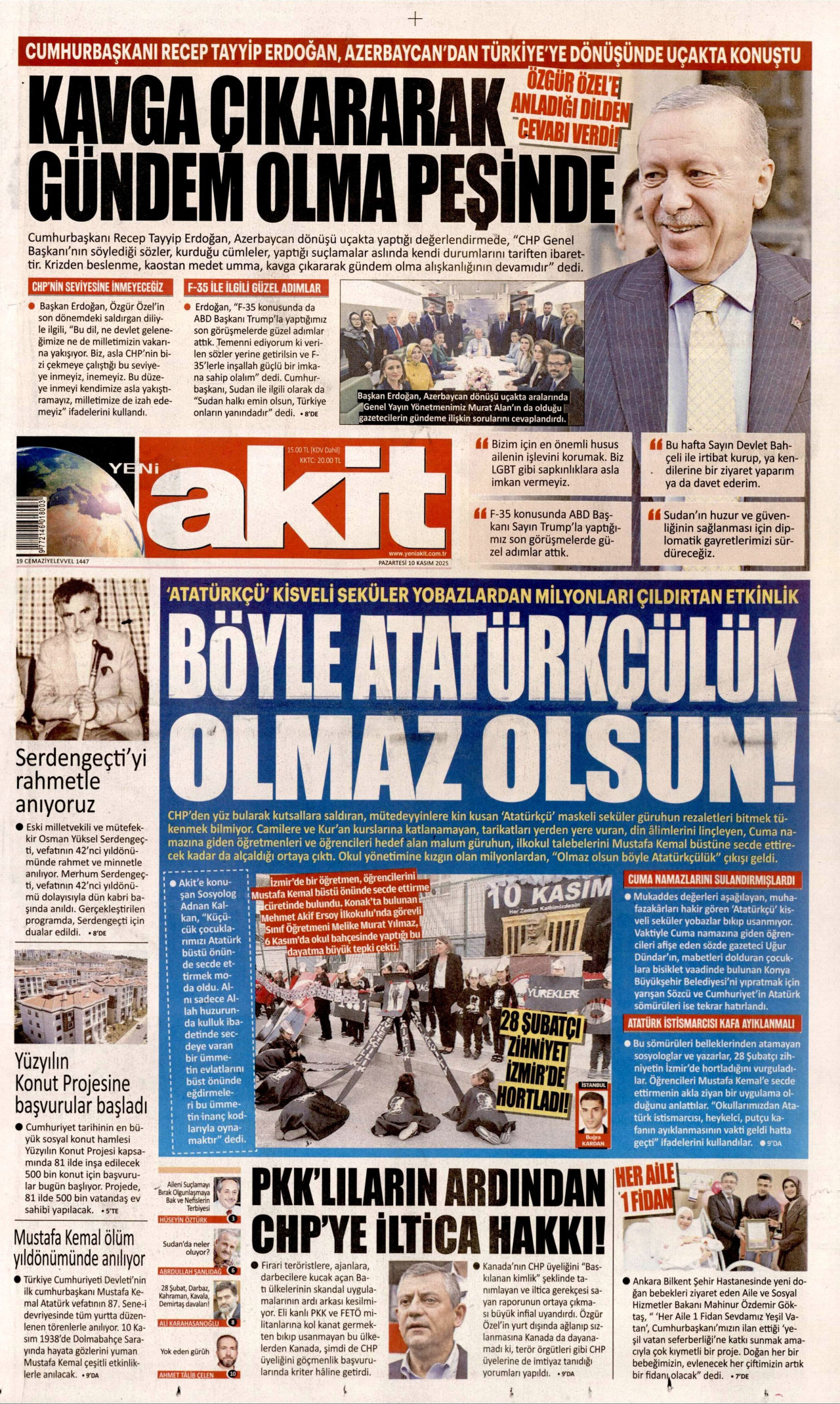 YENİ AKİT gazetesinin 10 Kasım 2025 tarihli birinci sayfası