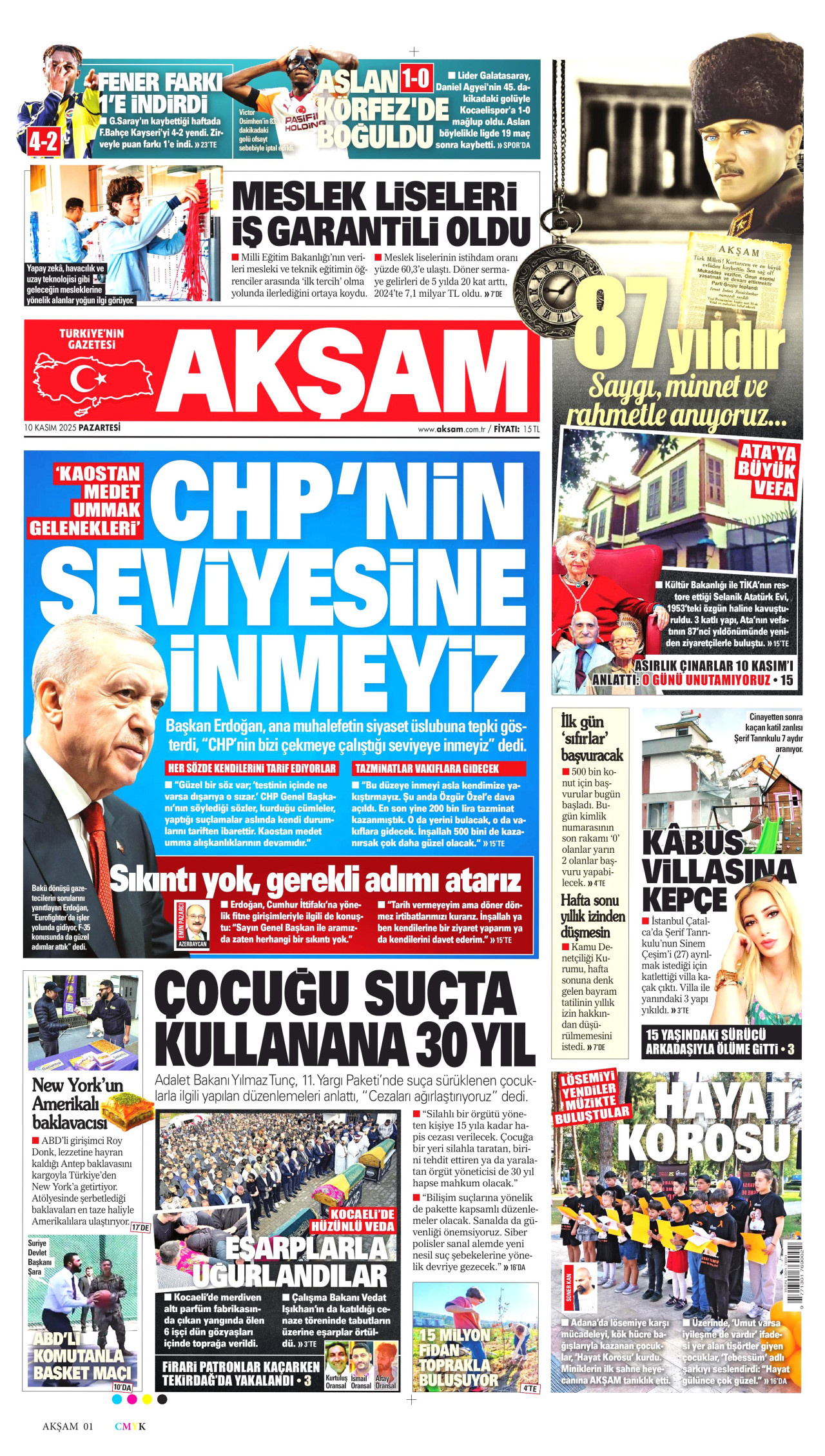 AKŞAM gazetesinin 10 Kasım 2025 tarihli birinci sayfası