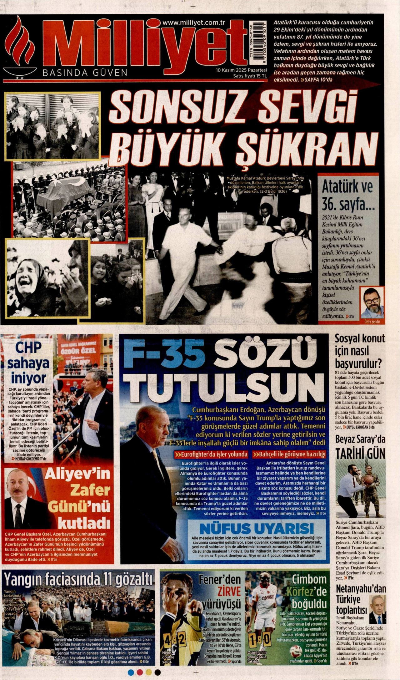 MİLLİYET gazetesinin 10 Kasım 2025 tarihli birinci sayfası