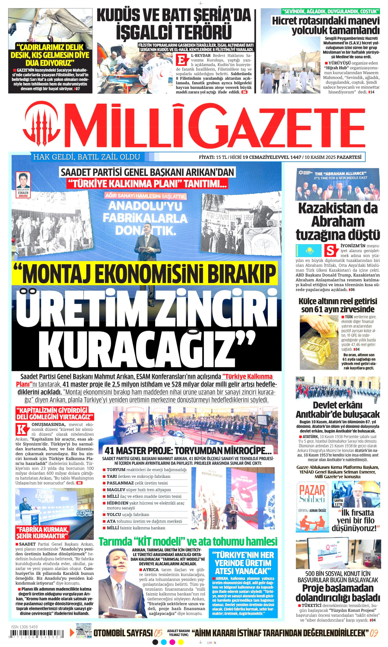 MİLLİ GAZETE gazetesinin 10 Kasım 2025 tarihli birinci sayfası