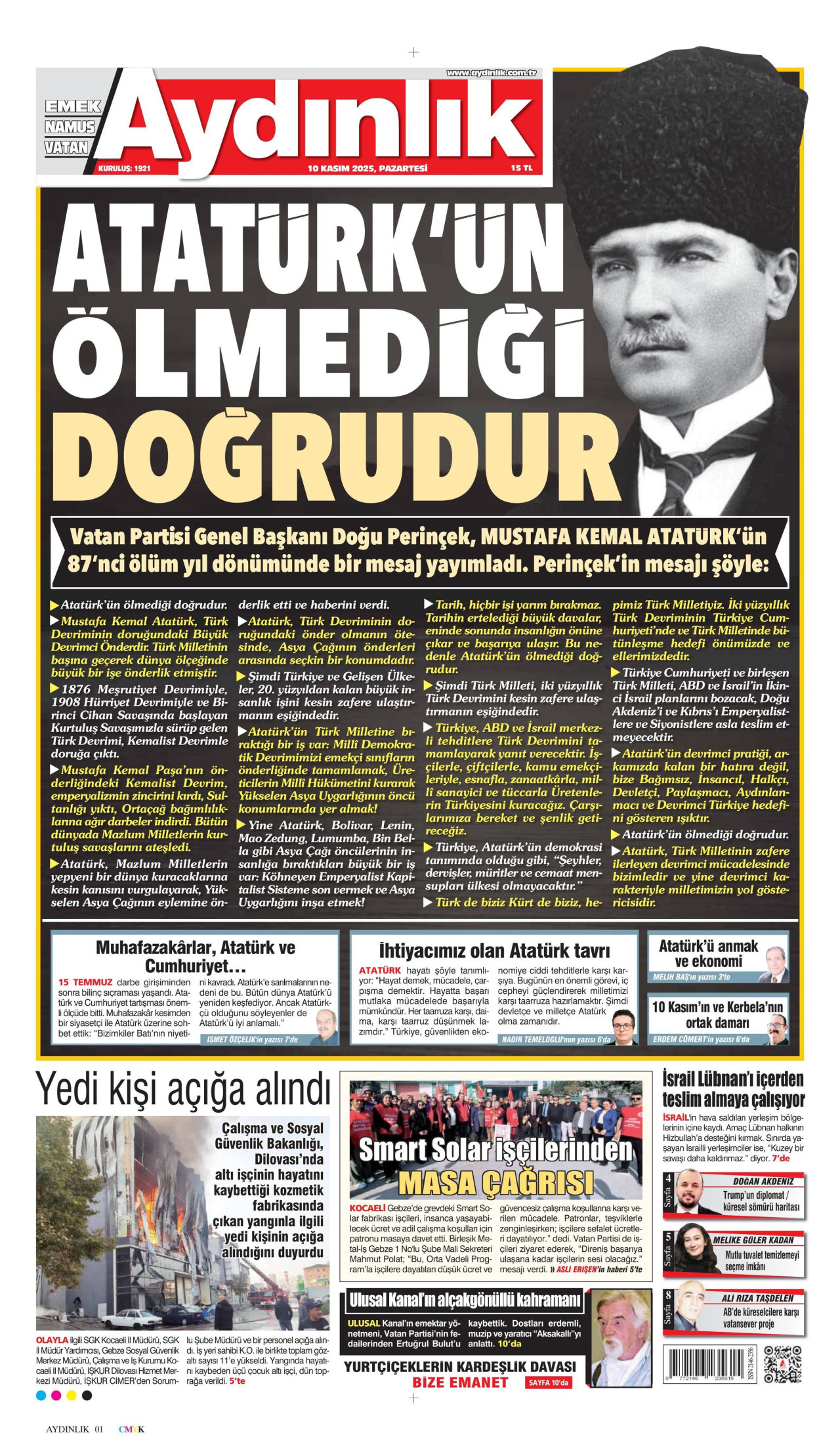 AYDINLIK GAZETESİ gazetesinin 10 Kasım 2025 tarihli birinci sayfası