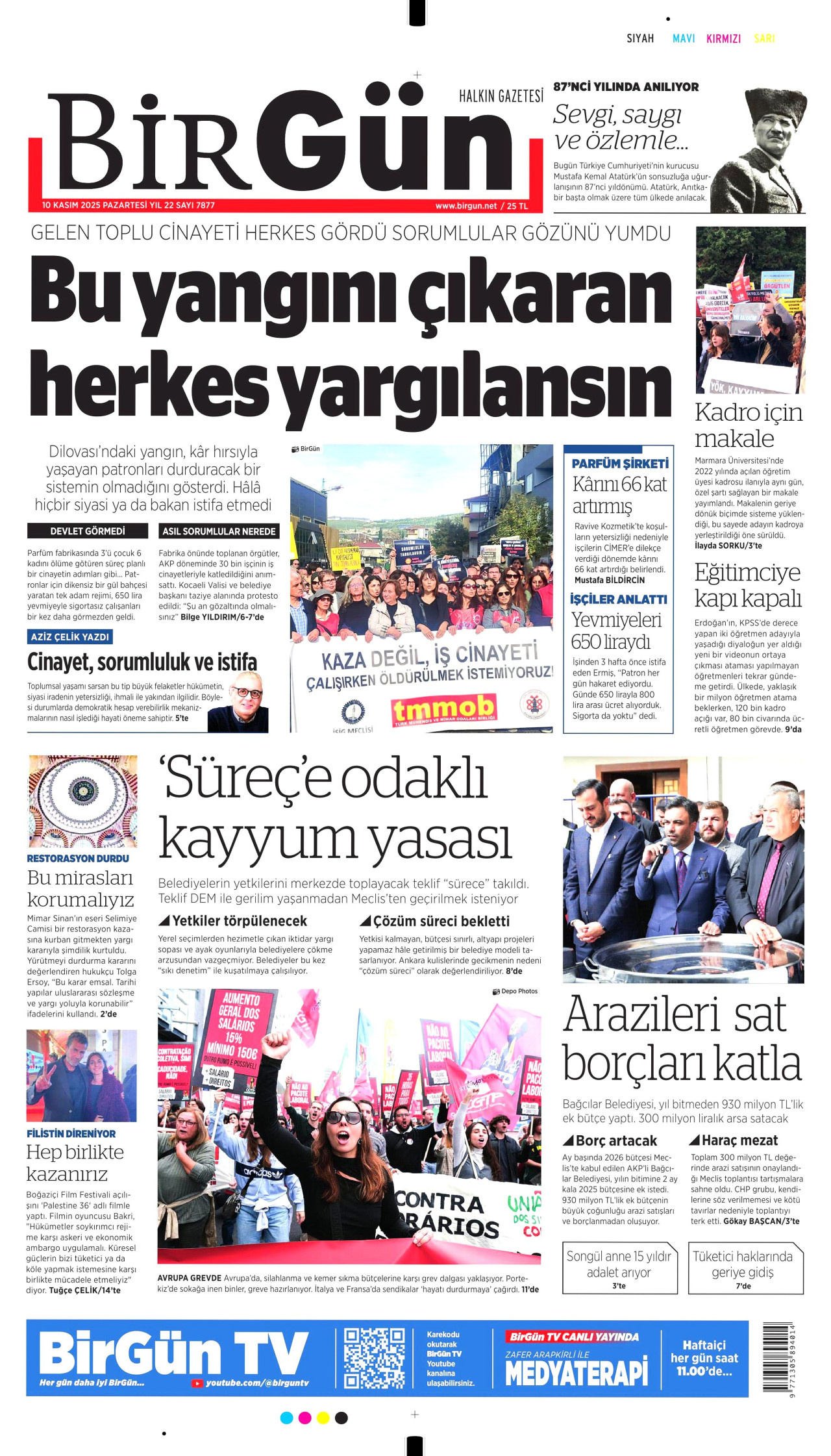 BİRGÜN gazetesinin 10 Kasım 2025 tarihli birinci sayfası