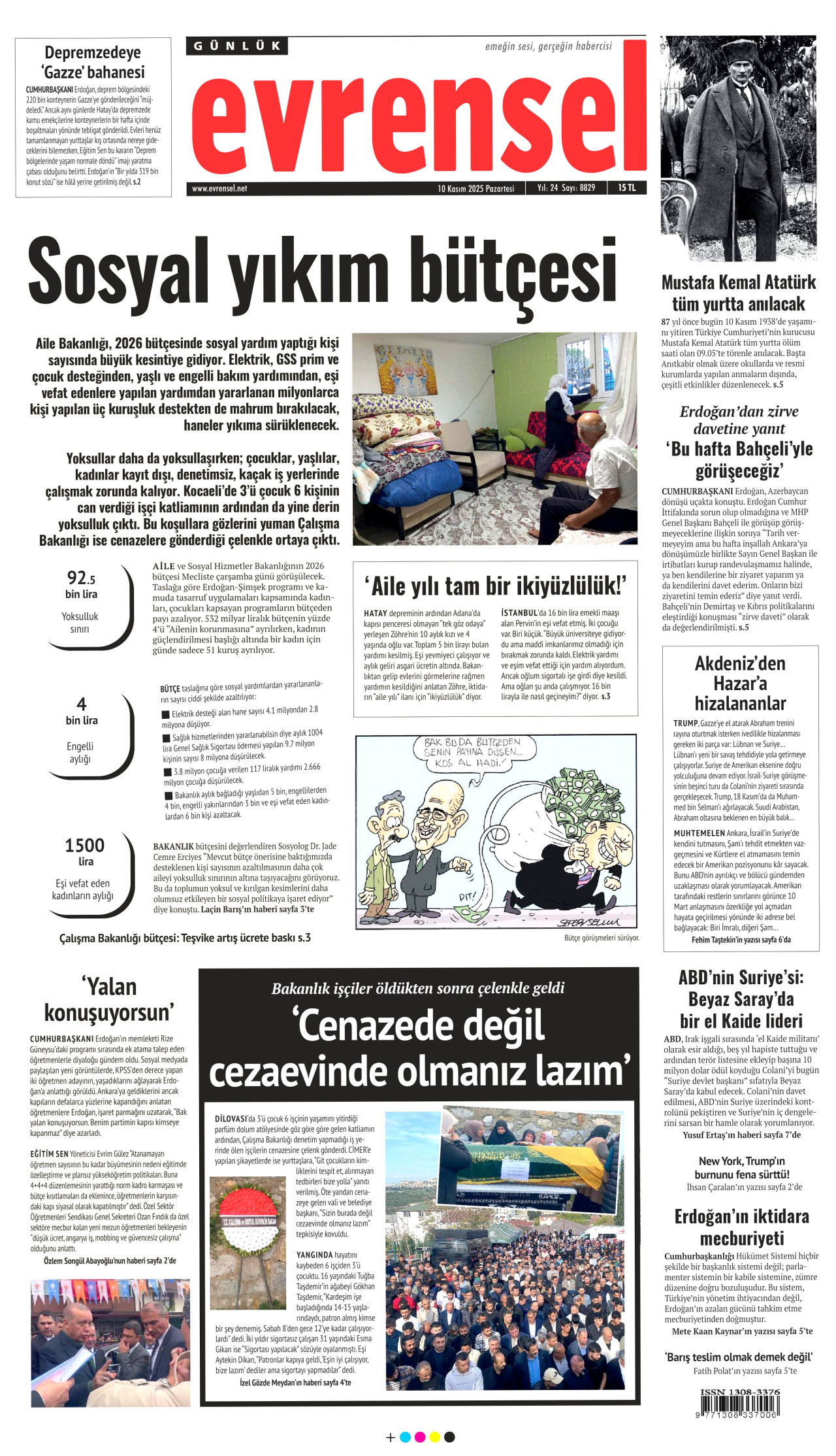 EVRENSEL gazetesinin 10 Kasım 2025 tarihli birinci sayfası