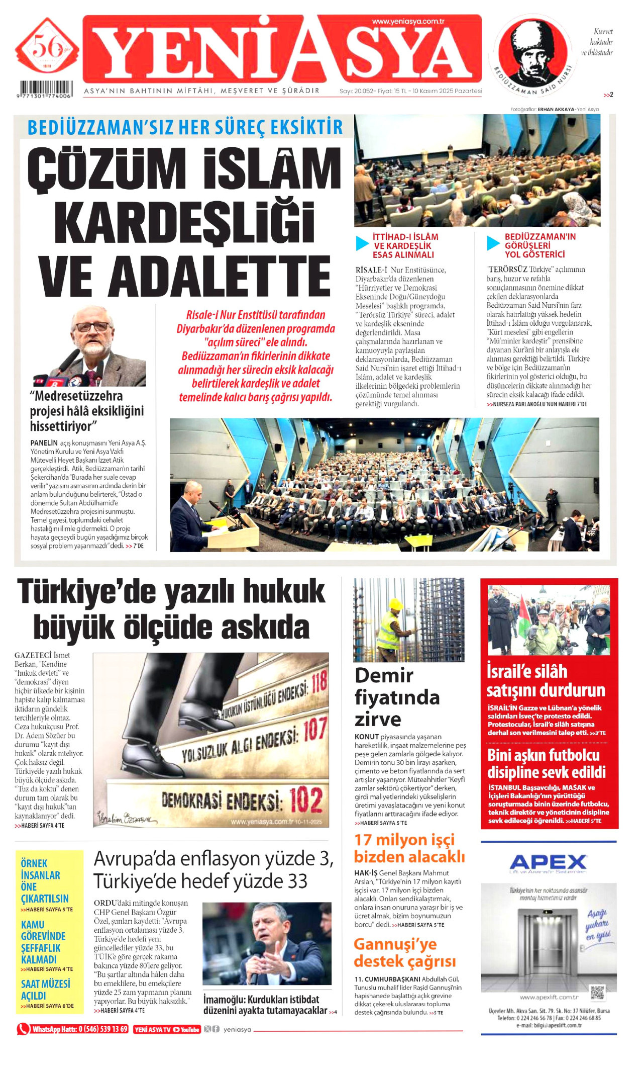 YENİ ASYA gazetesinin 10 Kasım 2025 tarihli birinci sayfası