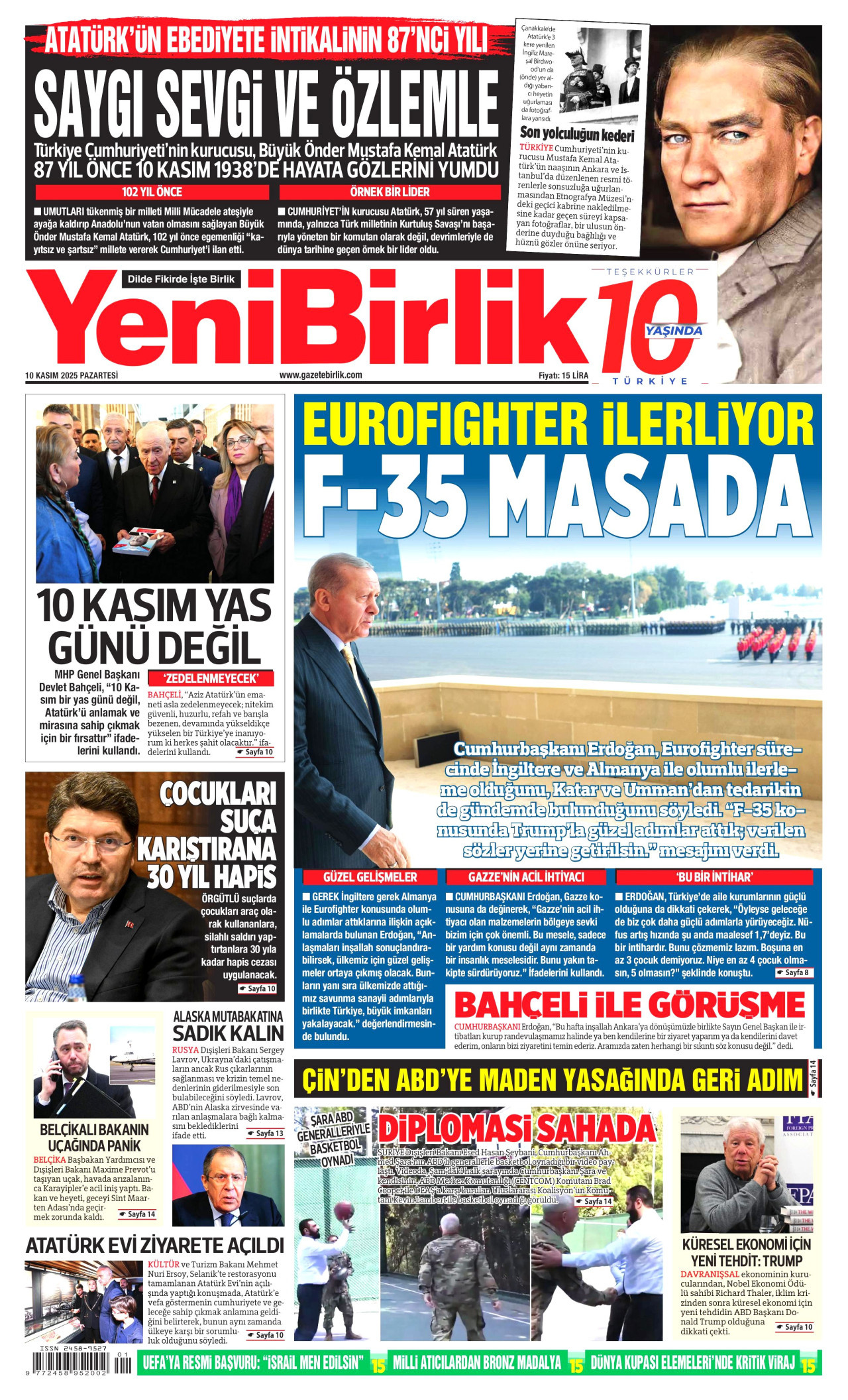 YENİBİRLİK gazetesinin 10 Kasım 2025 tarihli birinci sayfası