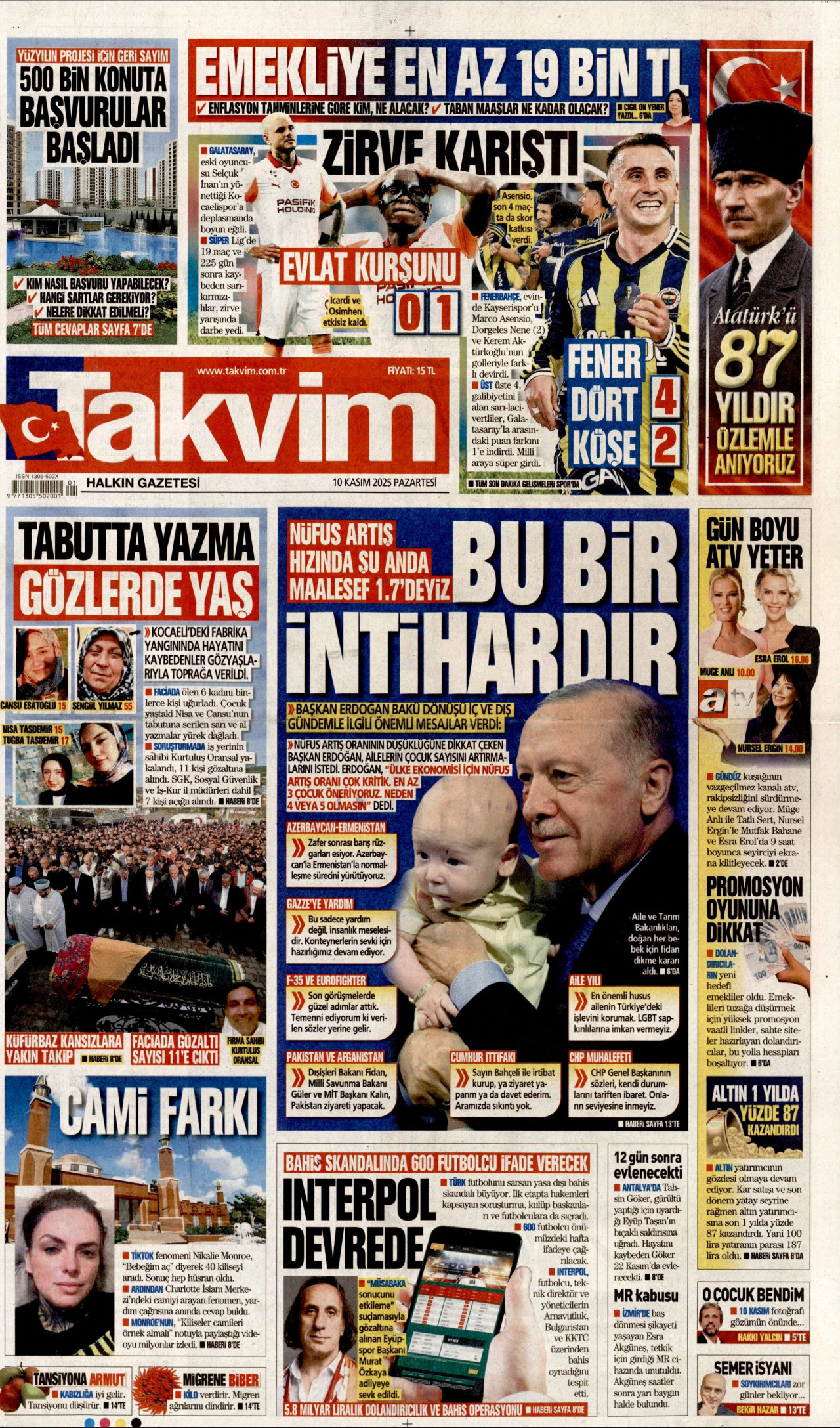 TAKVİM gazetesinin 10 Kasım 2025 tarihli birinci sayfası