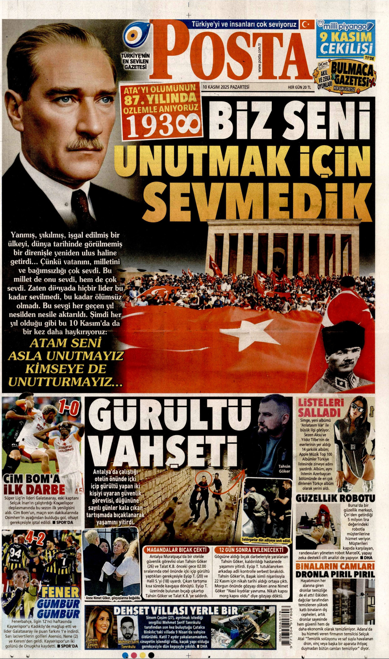 POSTA gazetesinin 10 Kasım 2025 tarihli birinci sayfası