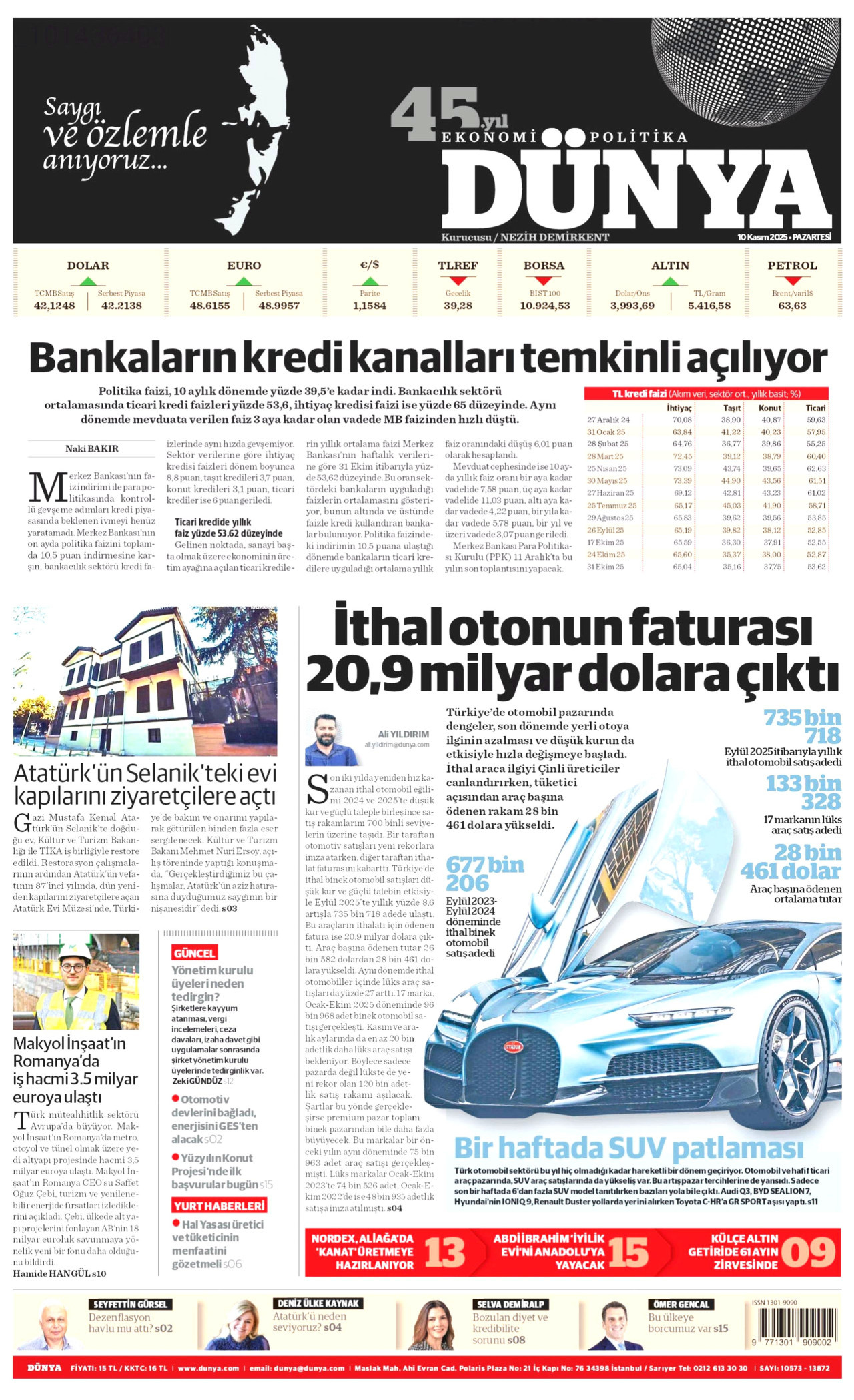 DÜNYA gazetesinin 10 Kasım 2025 tarihli birinci sayfası