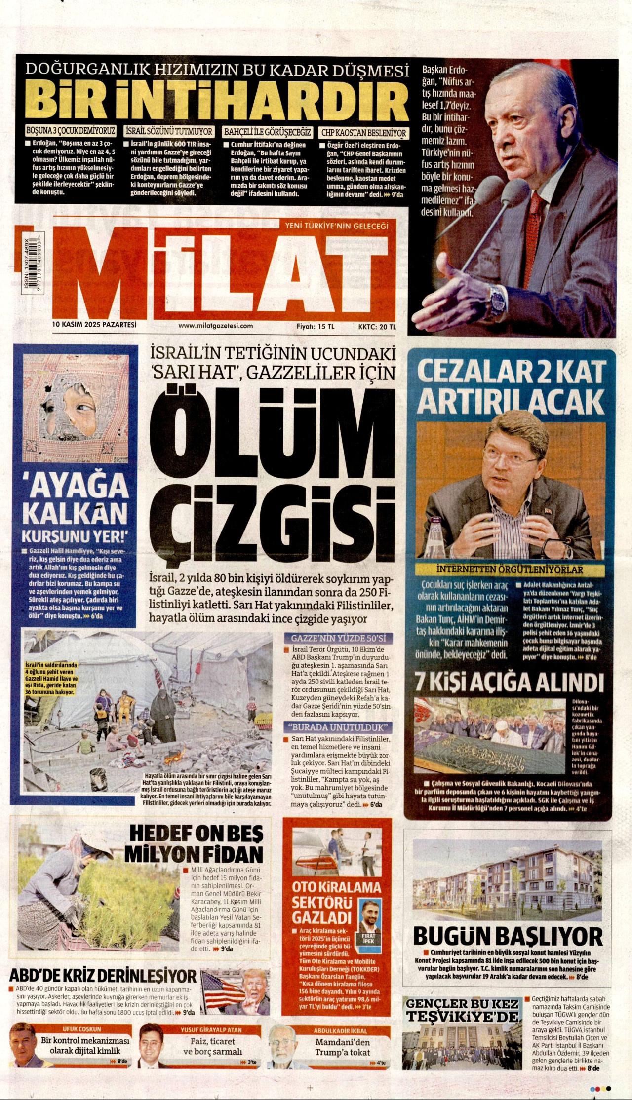 MİLAT gazetesinin 10 Kasım 2025 tarihli birinci sayfası