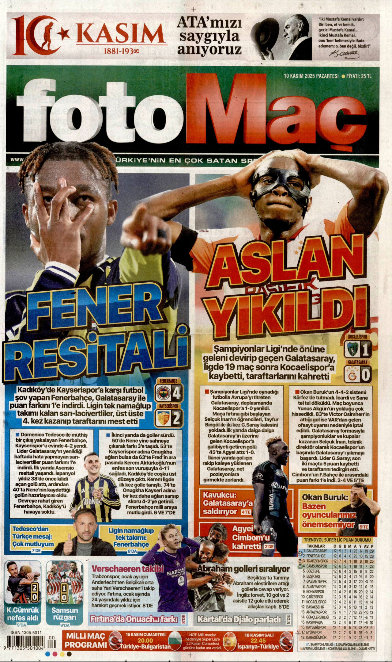 FOTOMAÇ gazetesinin 10 Kasım 2025 tarihli birinci sayfası