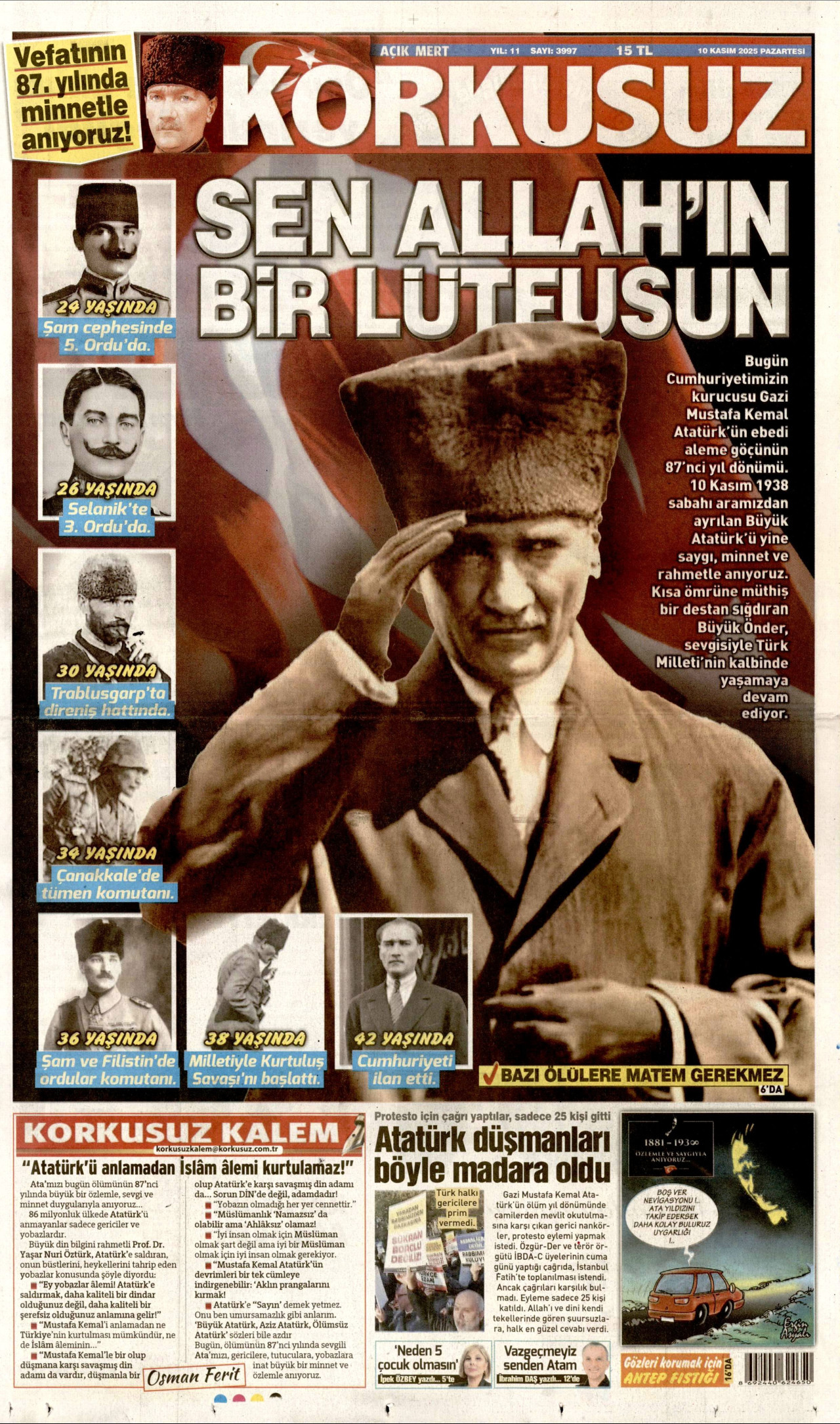 KORKUSUZ gazetesinin 10 Kasım 2025 tarihli birinci sayfası