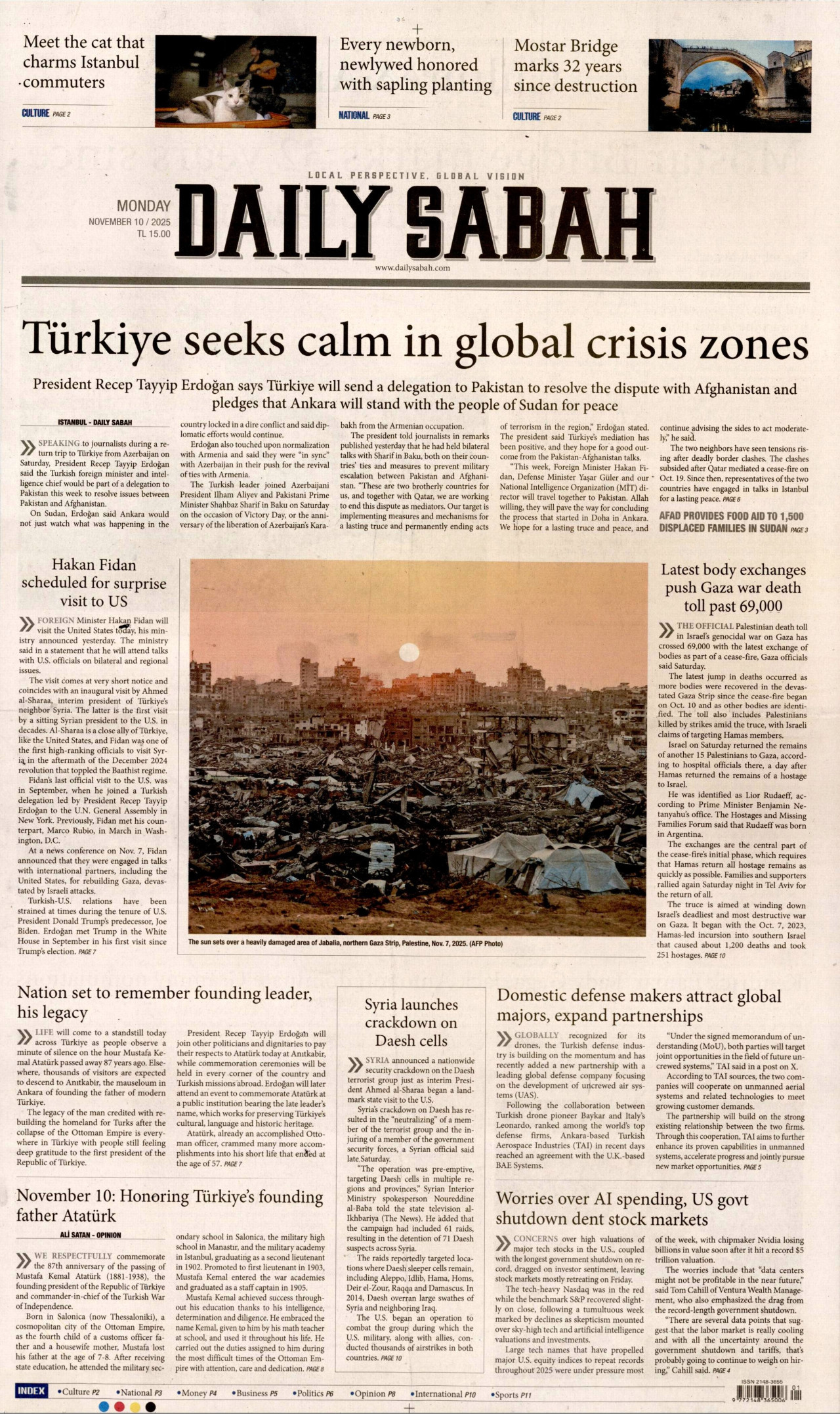 DAİLY SABAH gazetesinin 10 Kasım 2025 tarihli birinci sayfası