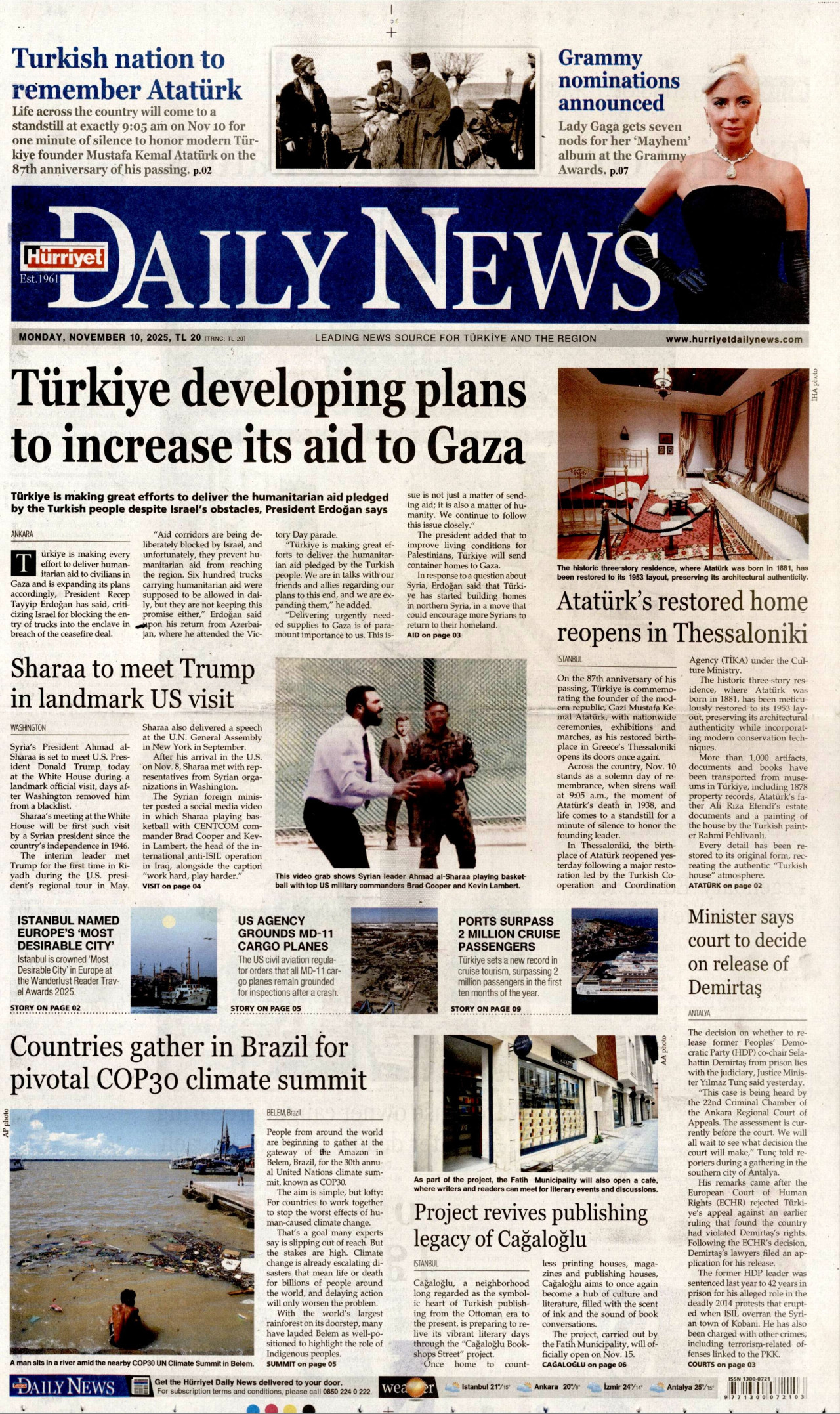 HÜRRİYET DAİLY NEWS gazetesinin 10 Kasım 2025 tarihli birinci sayfası