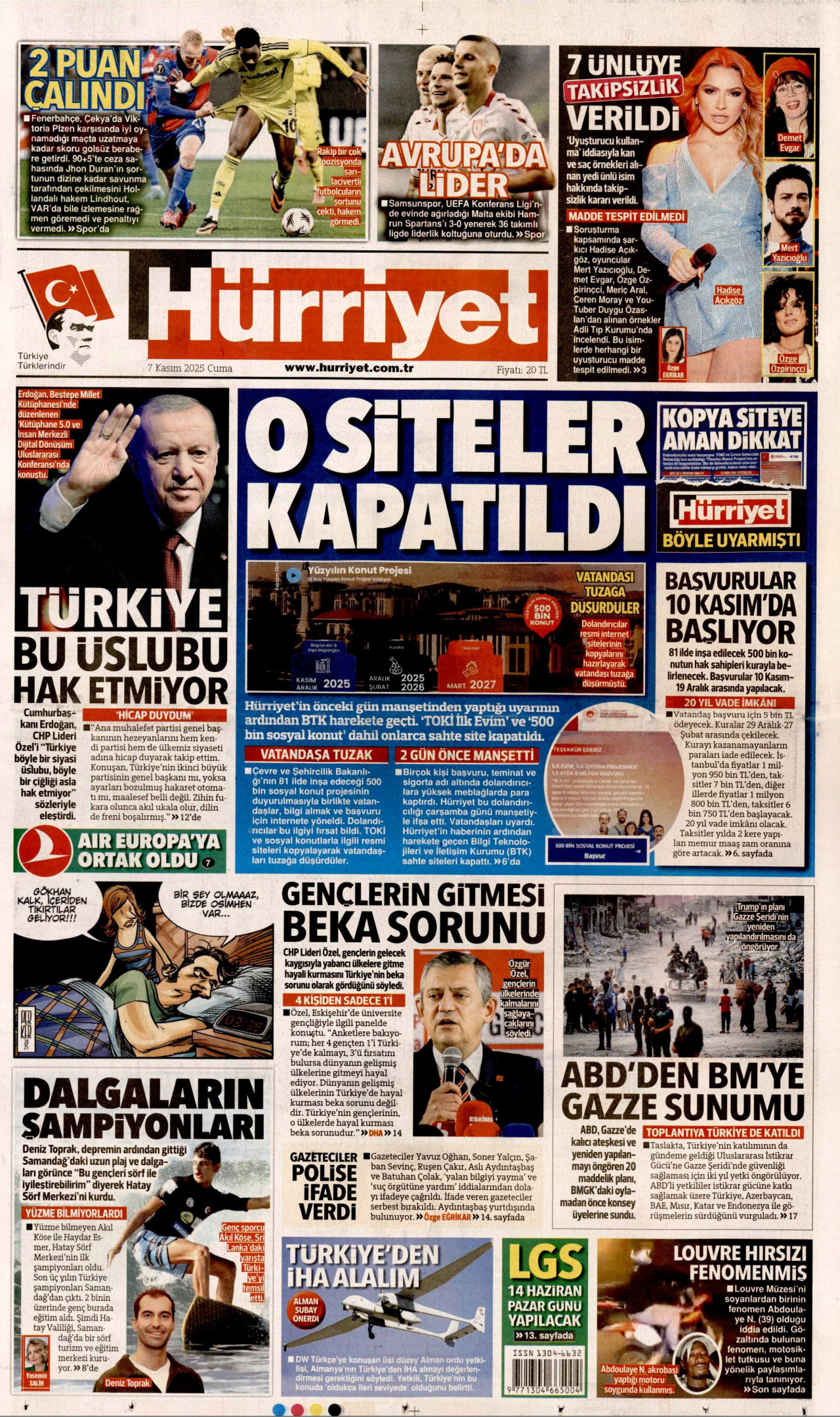 HÜRRİYET gazetesinin 7 Kasım 2025 tarihli birinci sayfası