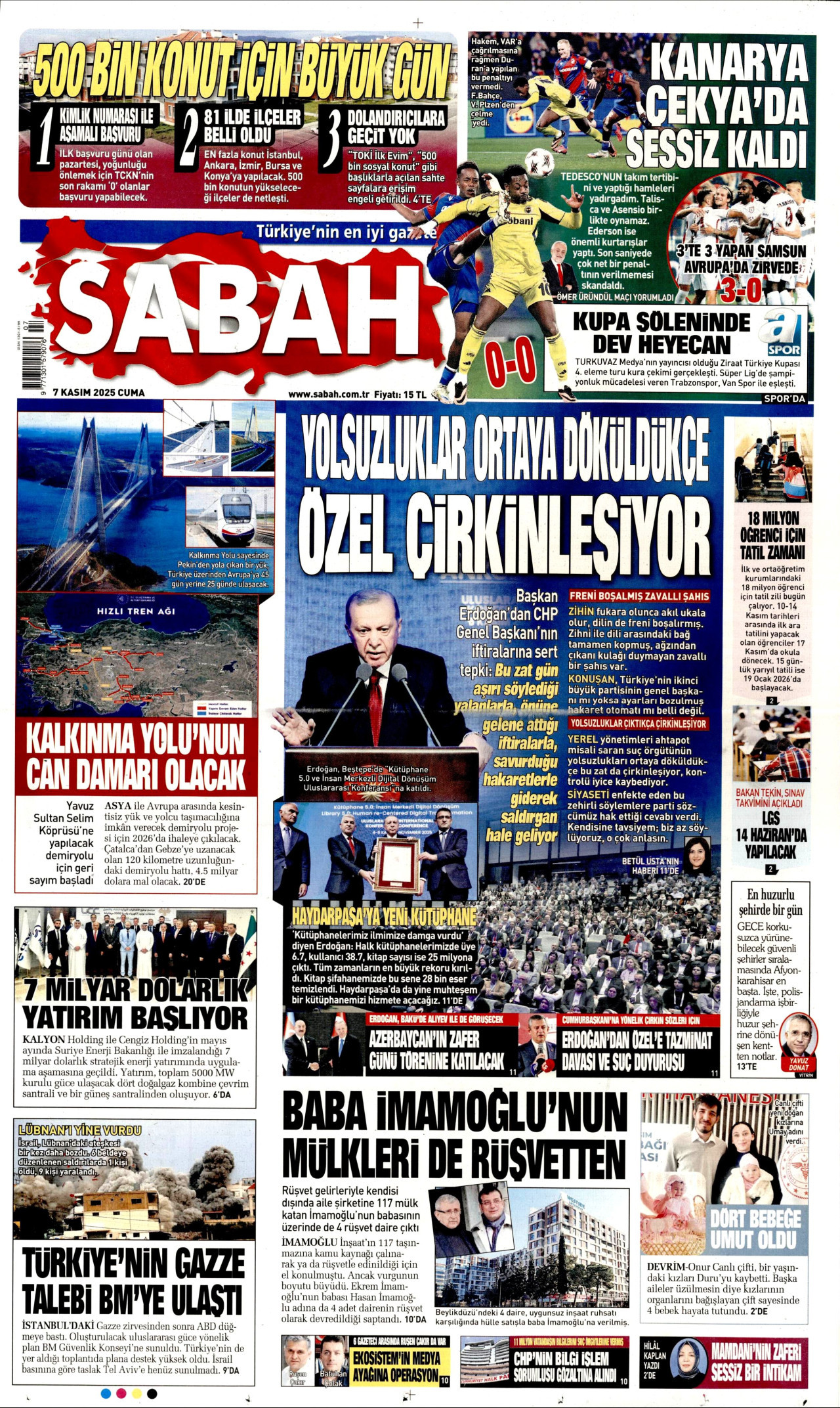 SABAH gazetesinin 7 Kasım 2025 tarihli birinci sayfası