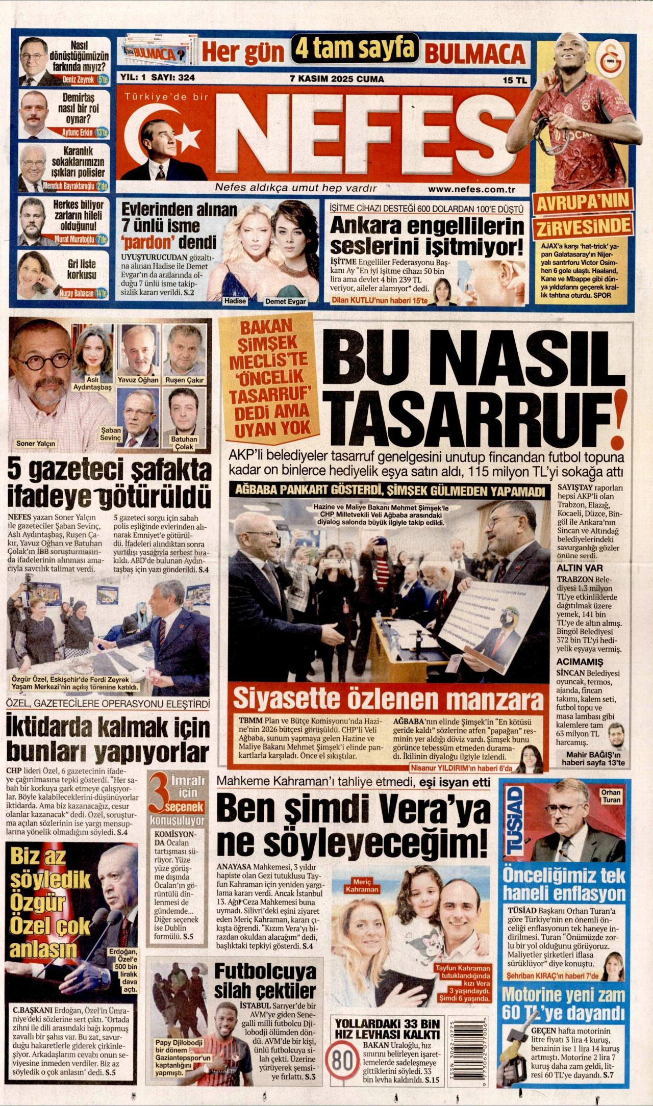 NEFES gazetesinin 7 Kasım 2025 tarihli birinci sayfası
