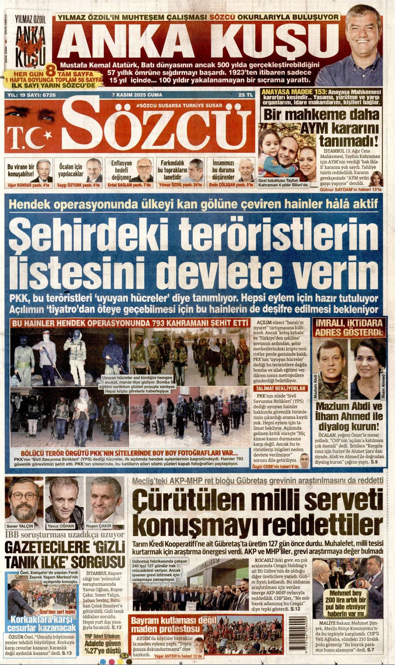 SÖZCÜ gazetesinin 7 Kasım 2025 tarihli birinci sayfası