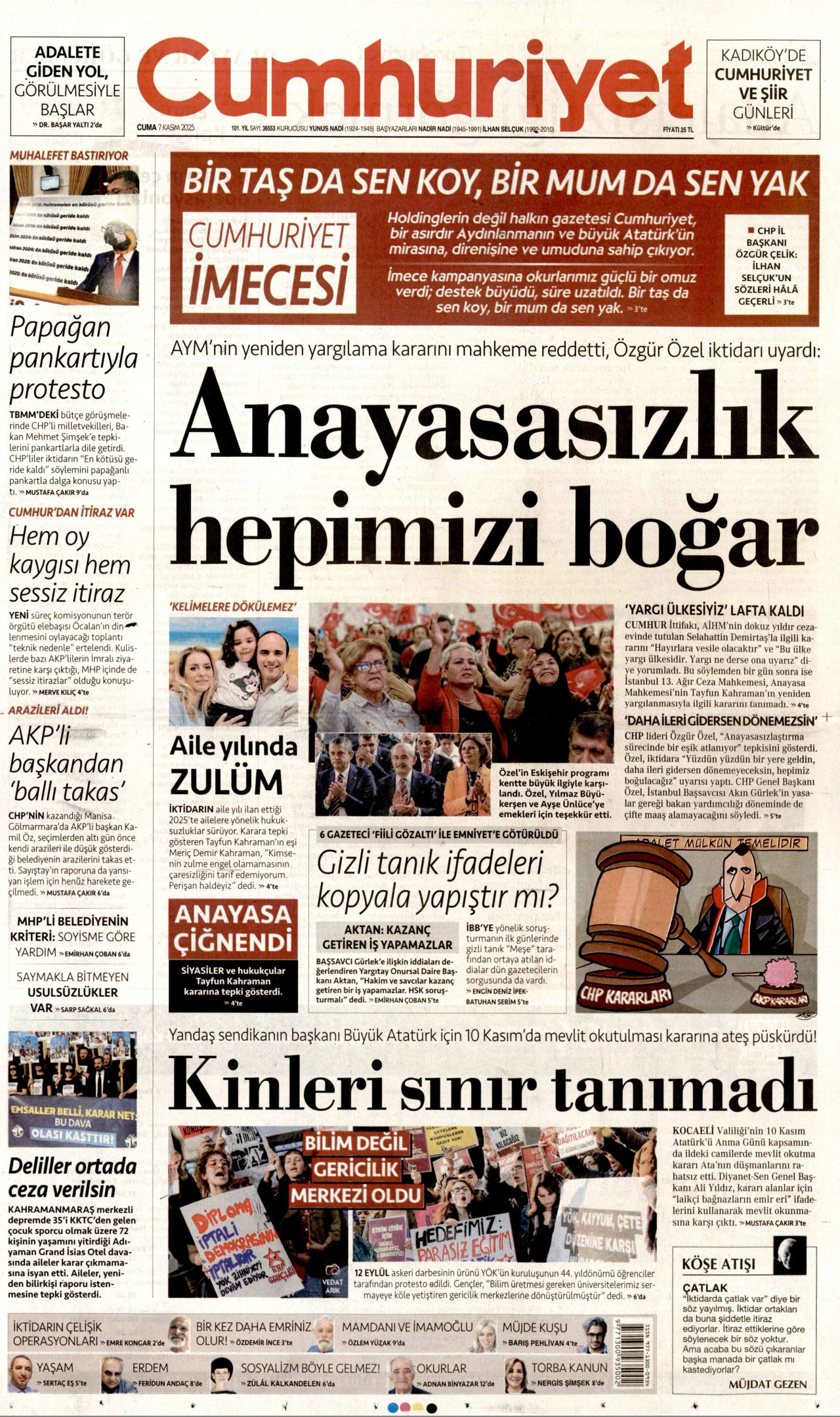 CUMHURİYET gazetesinin 7 Kasım 2025 tarihli birinci sayfası