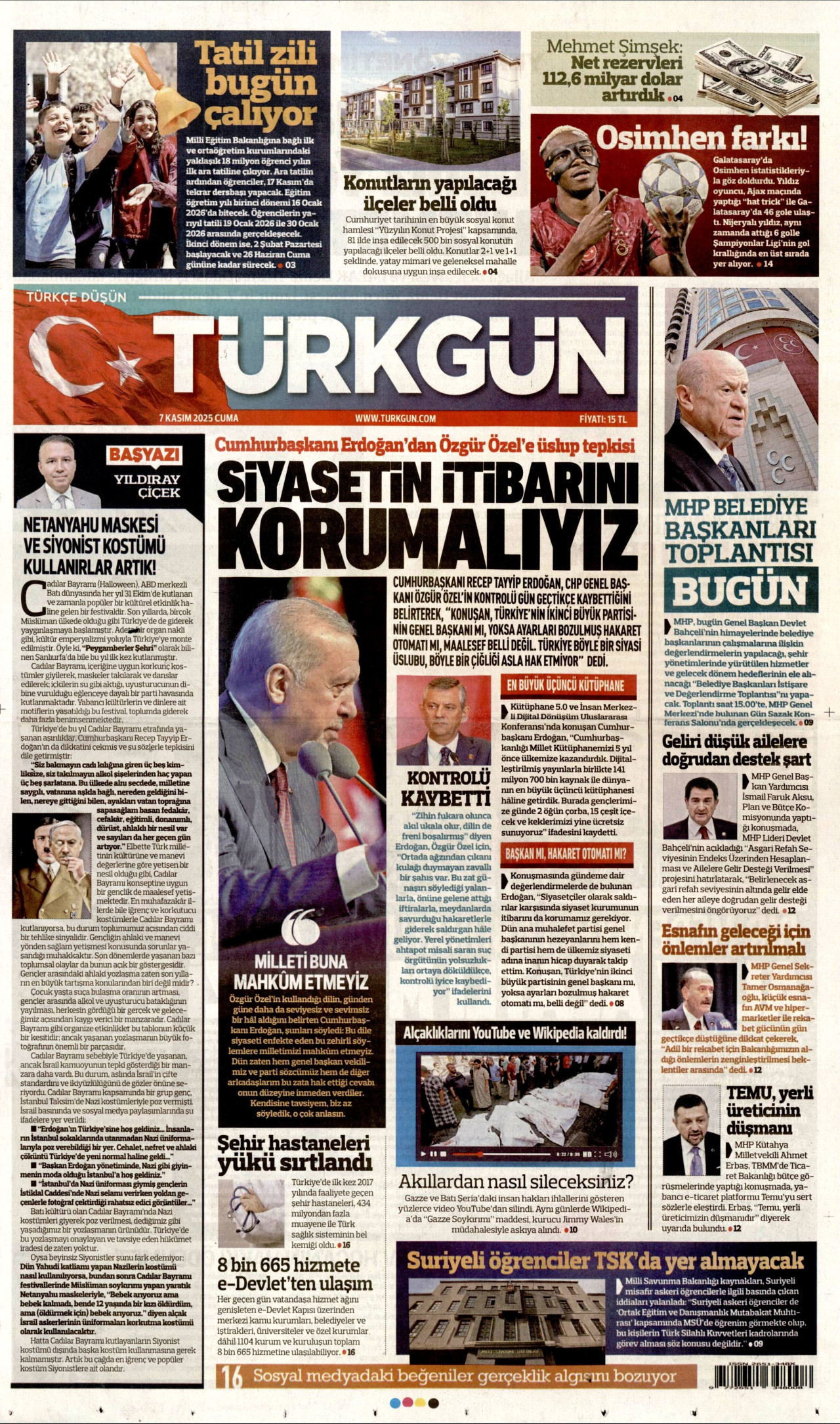 TÜRKGÜN gazetesinin 7 Kasım 2025 tarihli birinci sayfası