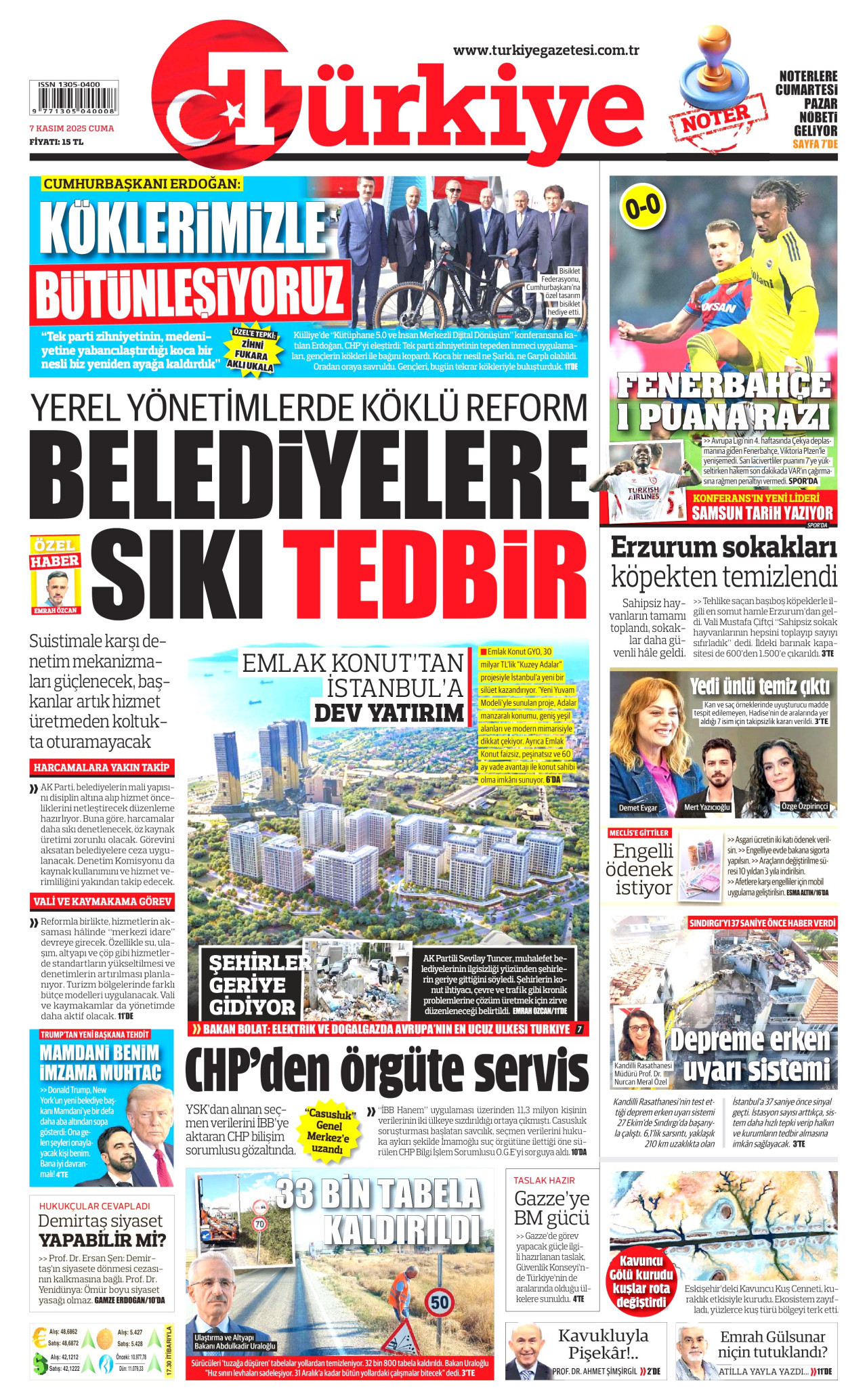 TÜRKİYE GAZETESİ gazetesinin 7 Kasım 2025 tarihli birinci sayfası