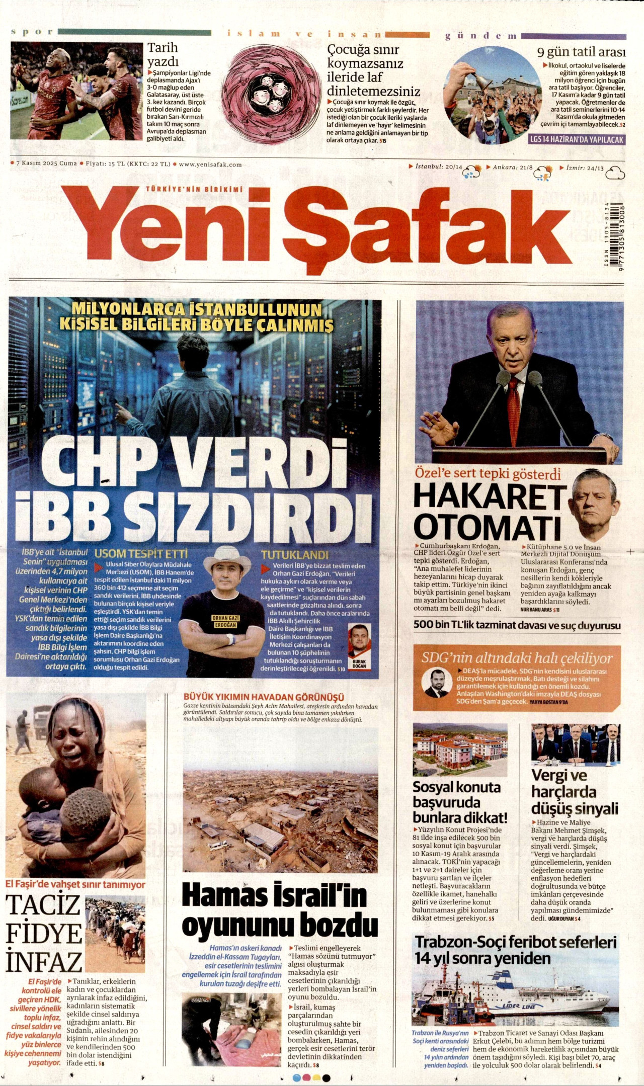 YENİ ŞAFAK gazetesinin 7 Kasım 2025 tarihli birinci sayfası