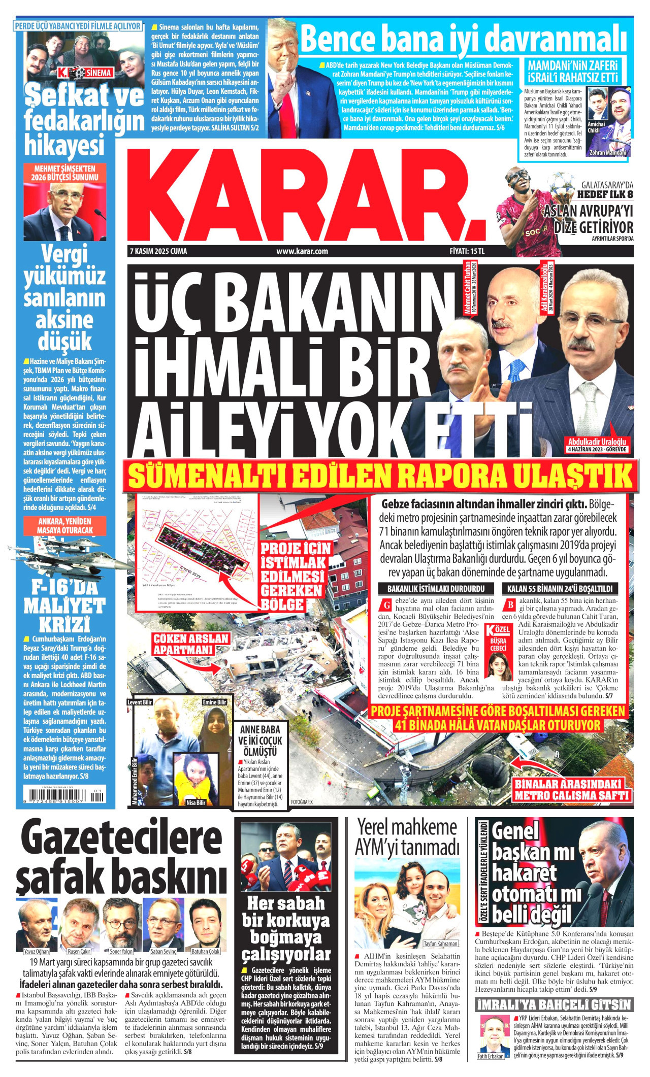 KARAR gazetesinin 7 Kasım 2025 tarihli birinci sayfası