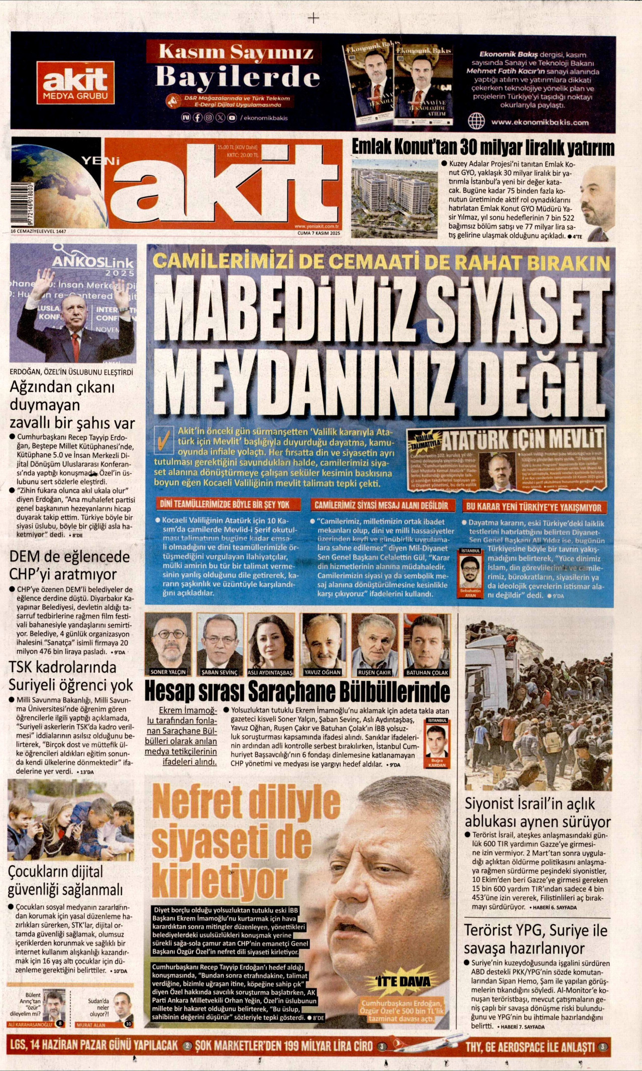 YENİ AKİT gazetesinin 7 Kasım 2025 tarihli birinci sayfası