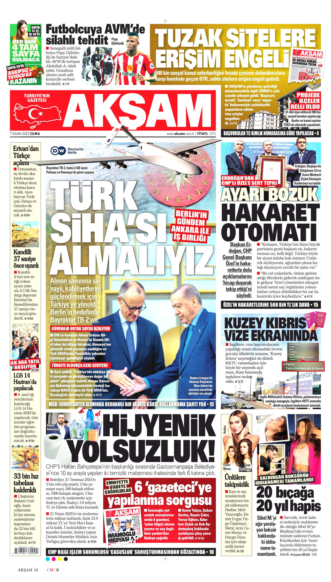 AKŞAM gazetesinin 7 Kasım 2025 tarihli birinci sayfası