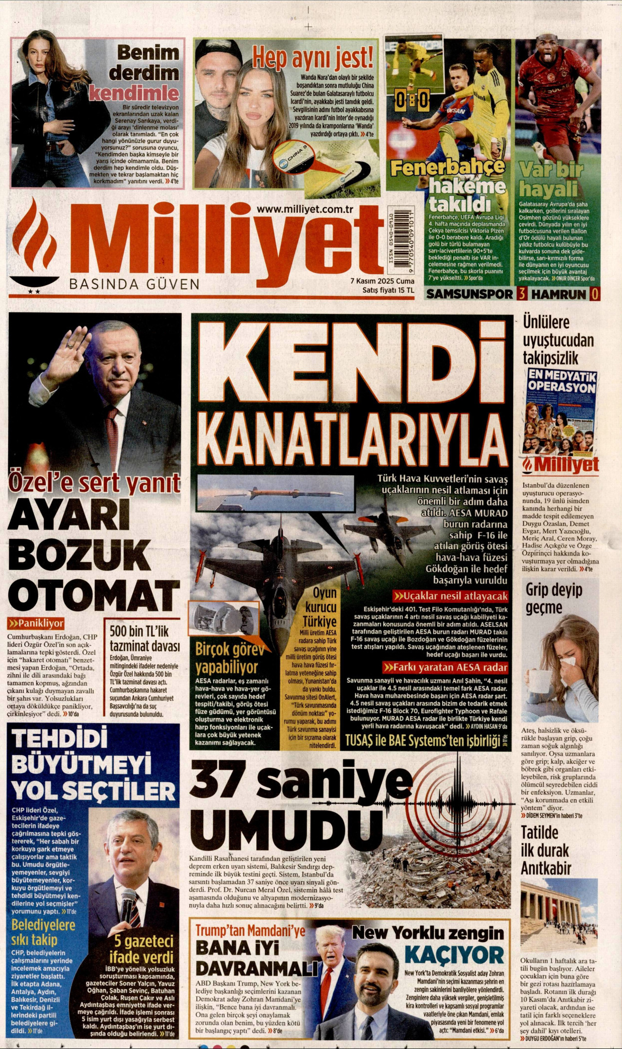 MİLLİYET gazetesinin 7 Kasım 2025 tarihli birinci sayfası