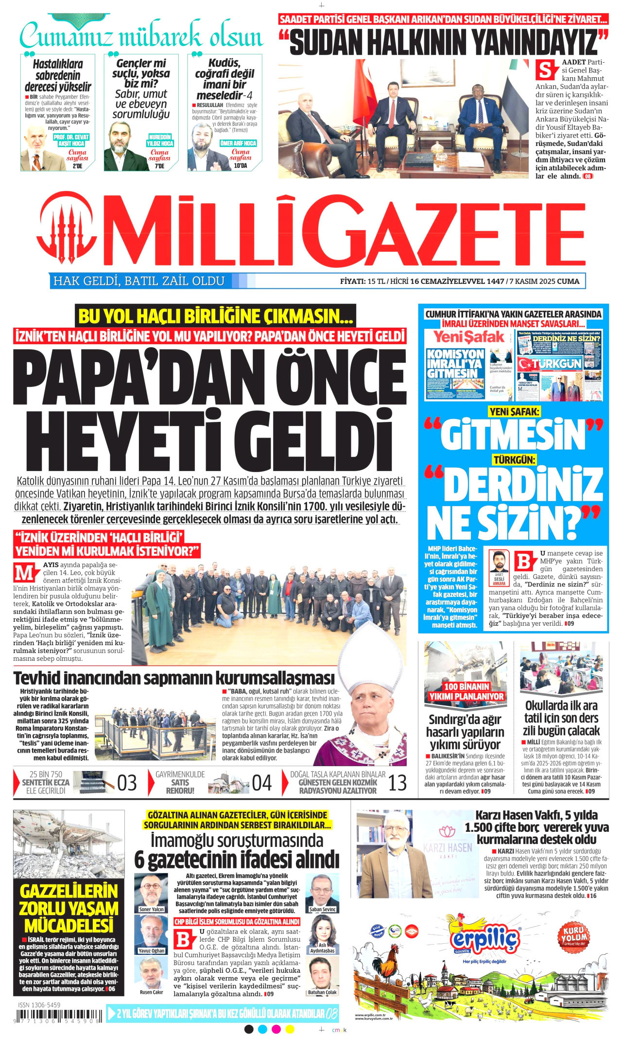 MİLLİ GAZETE gazetesinin 7 Kasım 2025 tarihli birinci sayfası