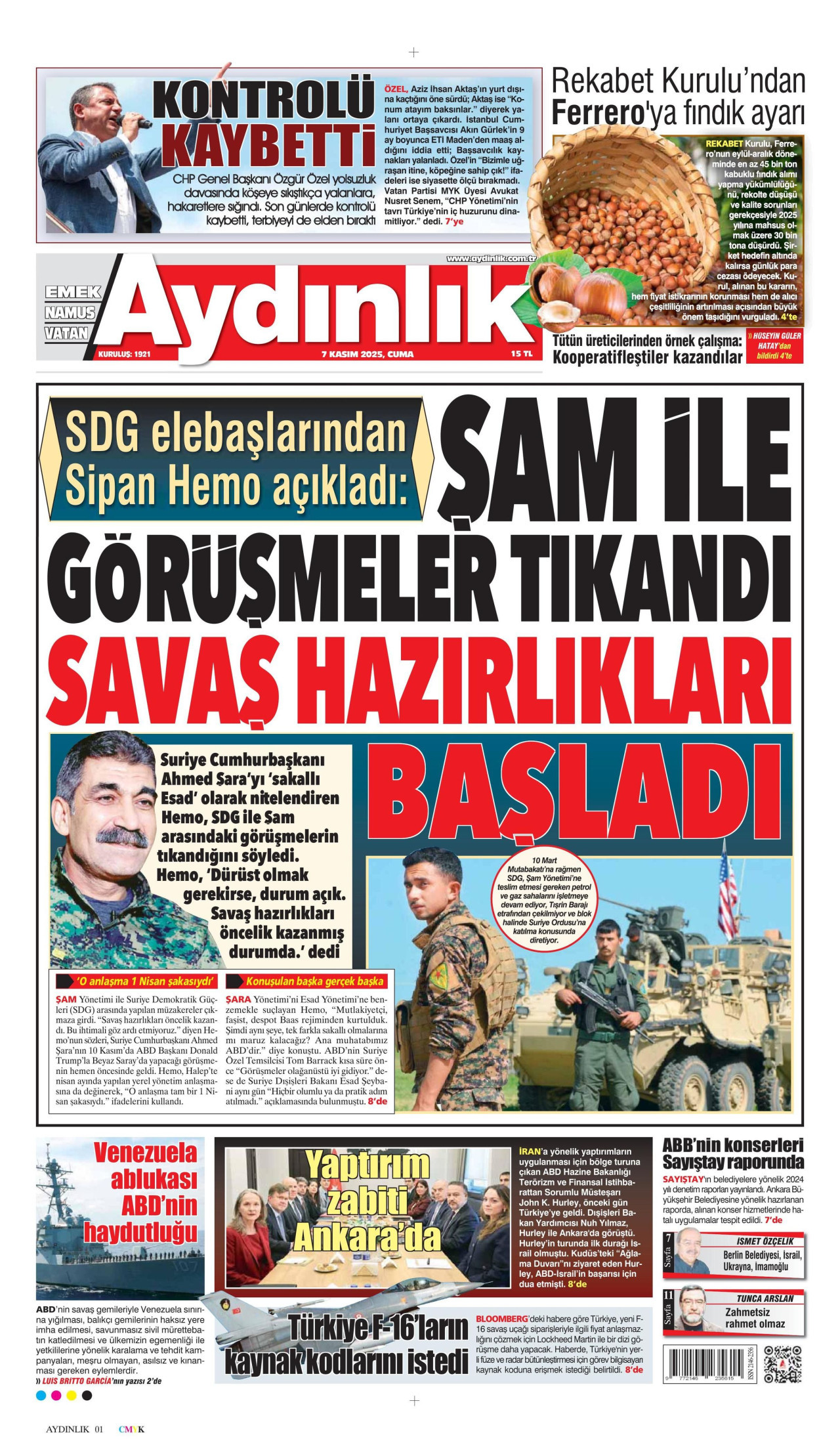 AYDINLIK GAZETESİ gazetesinin 7 Kasım 2025 tarihli birinci sayfası